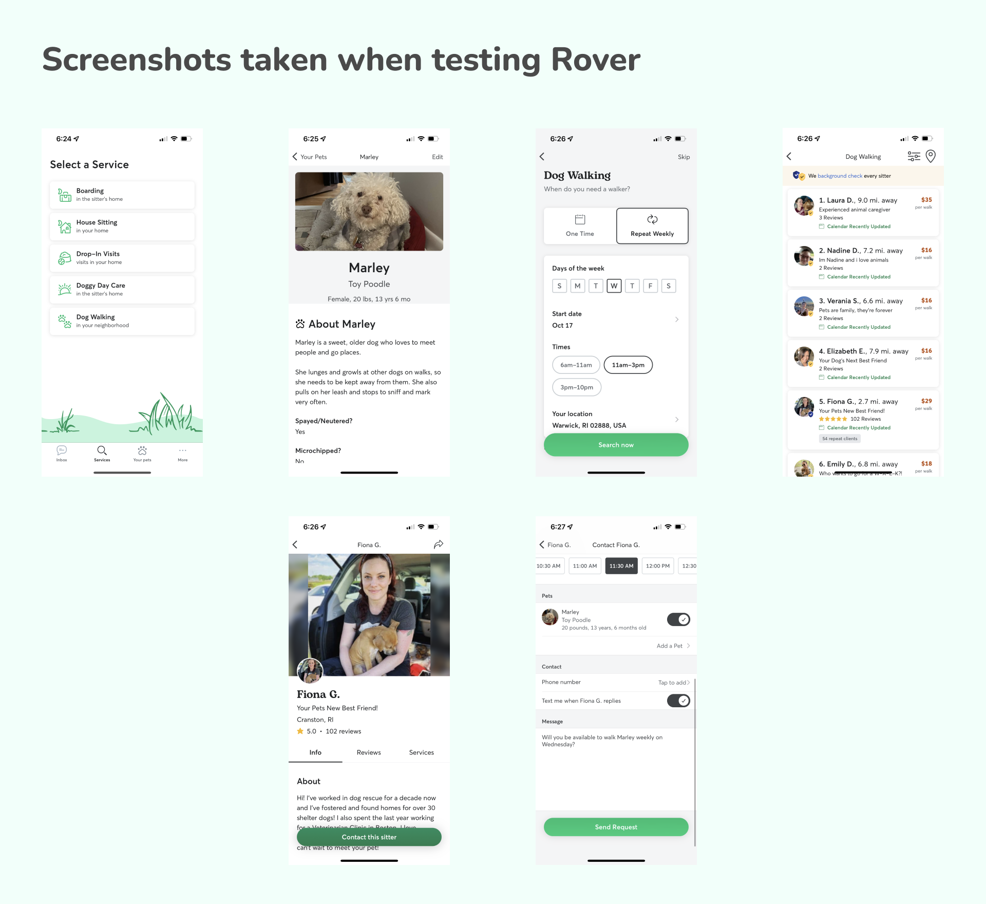 A collection of screenshots from the dog walking app Rover