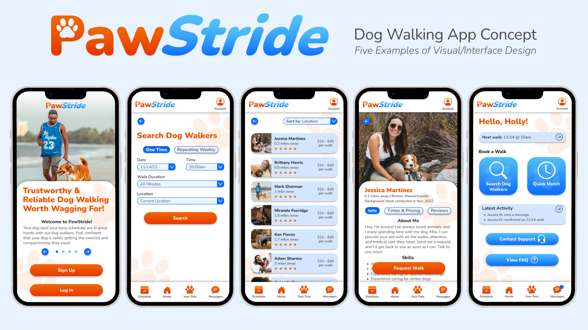 A collection of screens from the PawStride app, as well as the logo