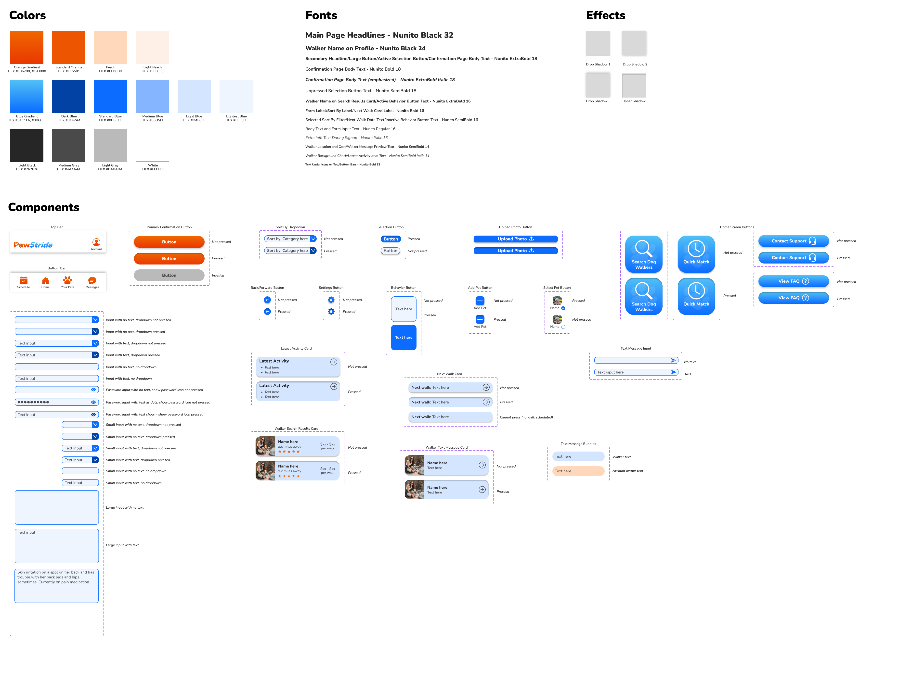 A collection of all of the visual styles, colors, and components used in the PawStride app