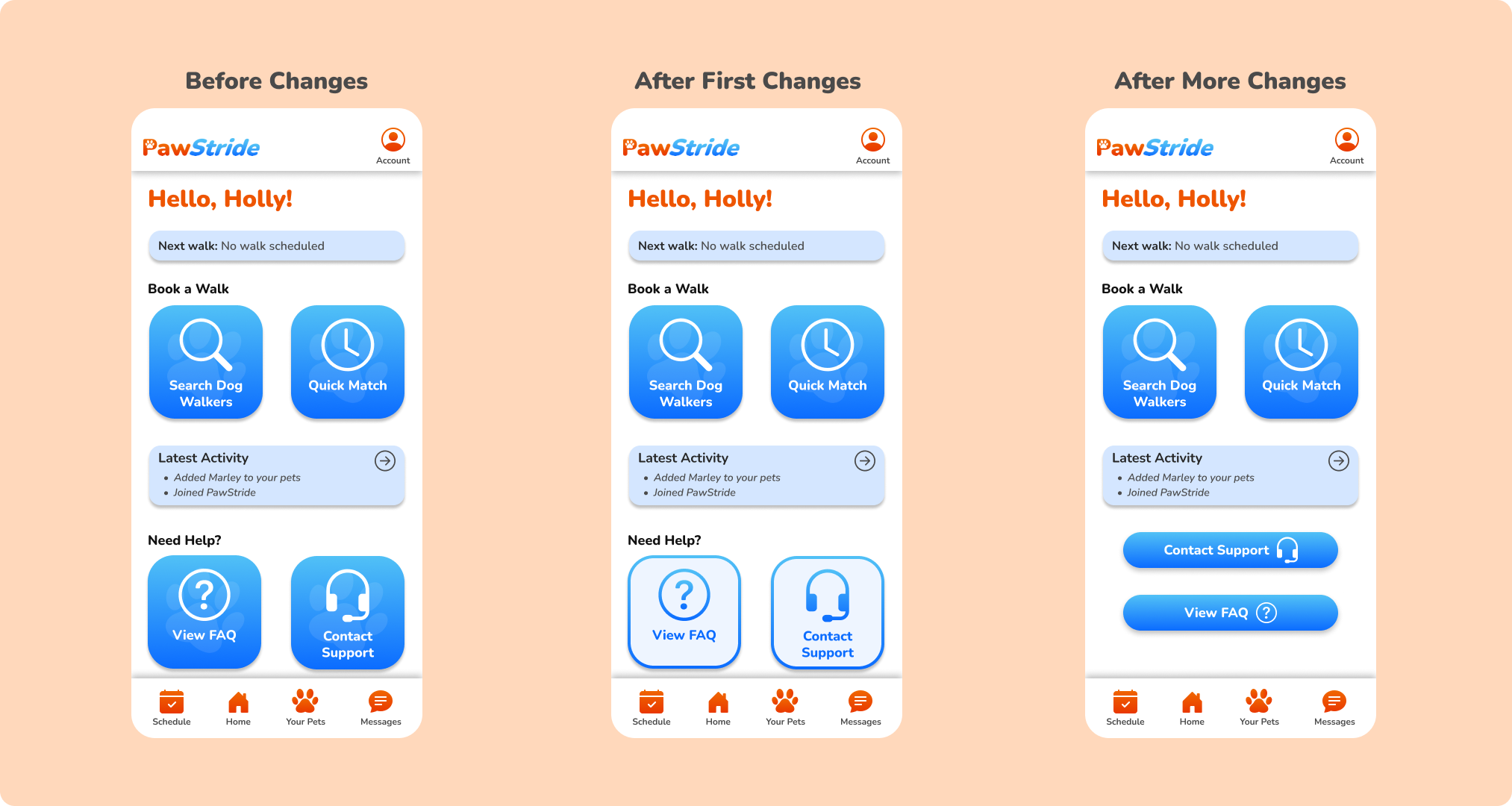 Screenshots of the PawStride homescreen before and after design changes to the two lower buttons