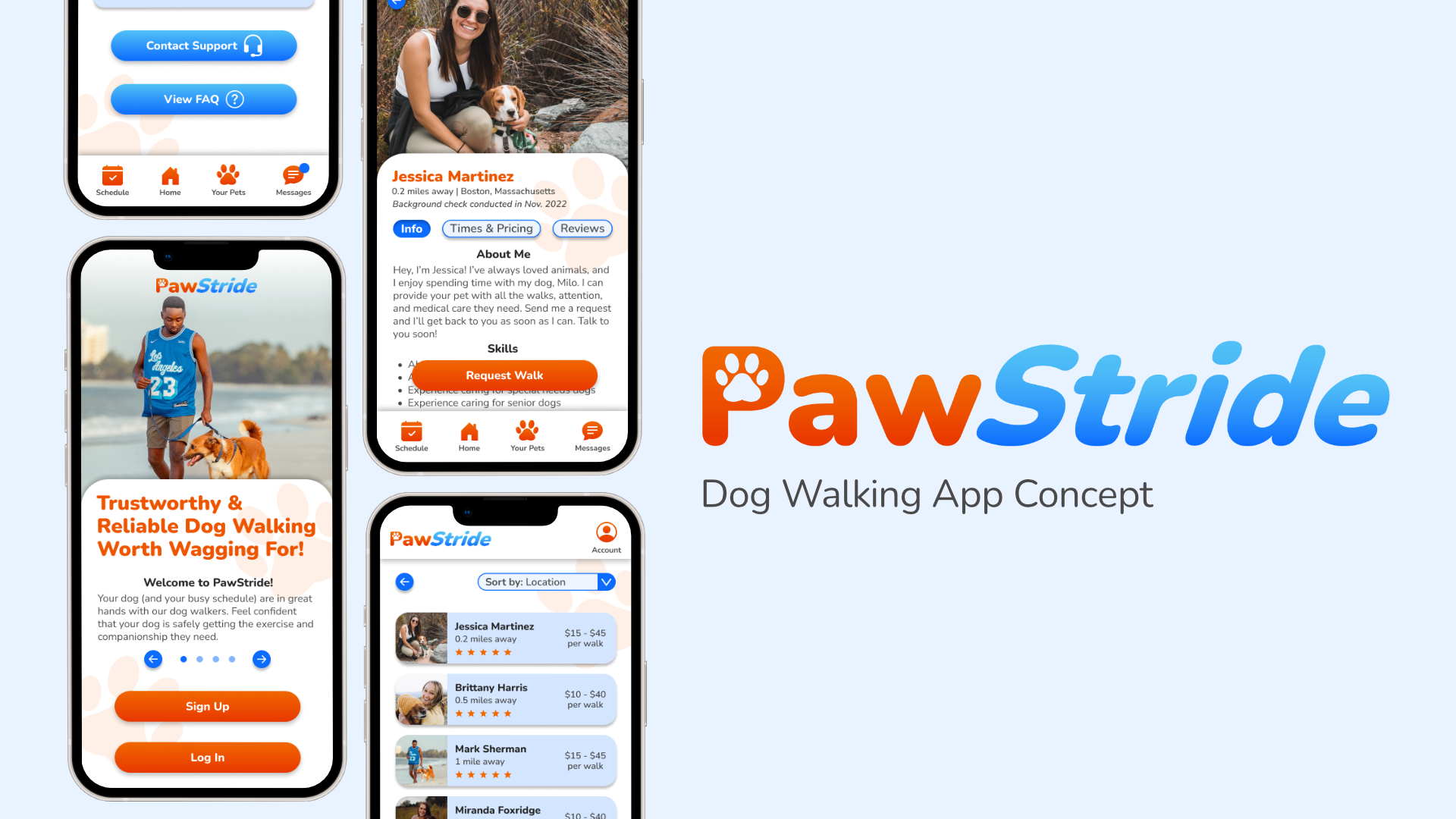 Image containing phones displaying screens of the PawStride dog walking app concept. Text says: PawStride - Dog Walking App Concept