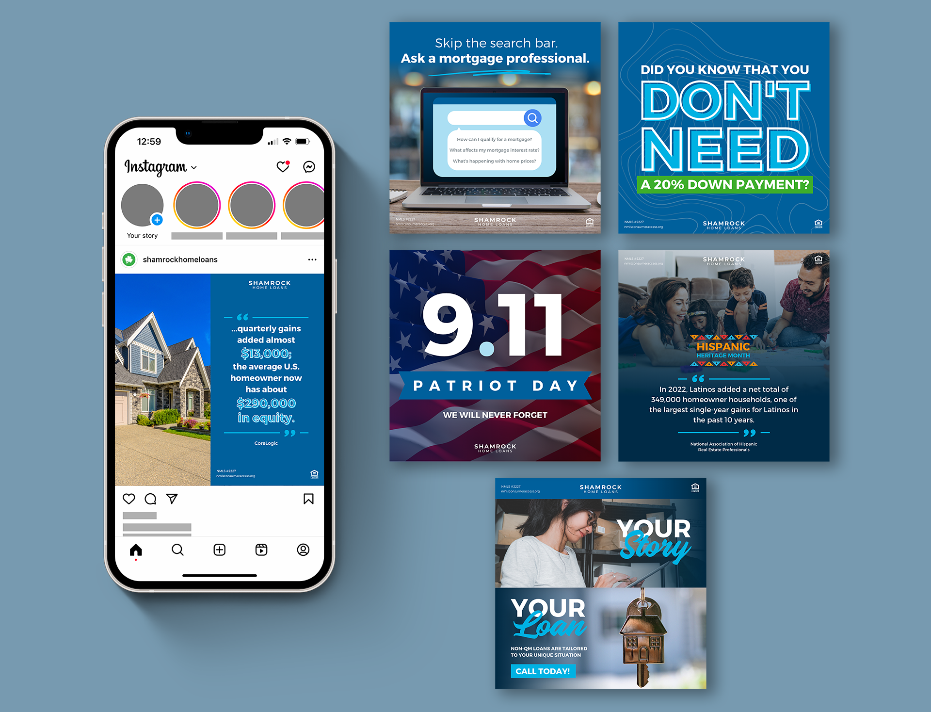 A picture of several different social media posts I designed for Shamrock Home Loans. Five of them lay next to a phone, which displays an additional post on Instagram.