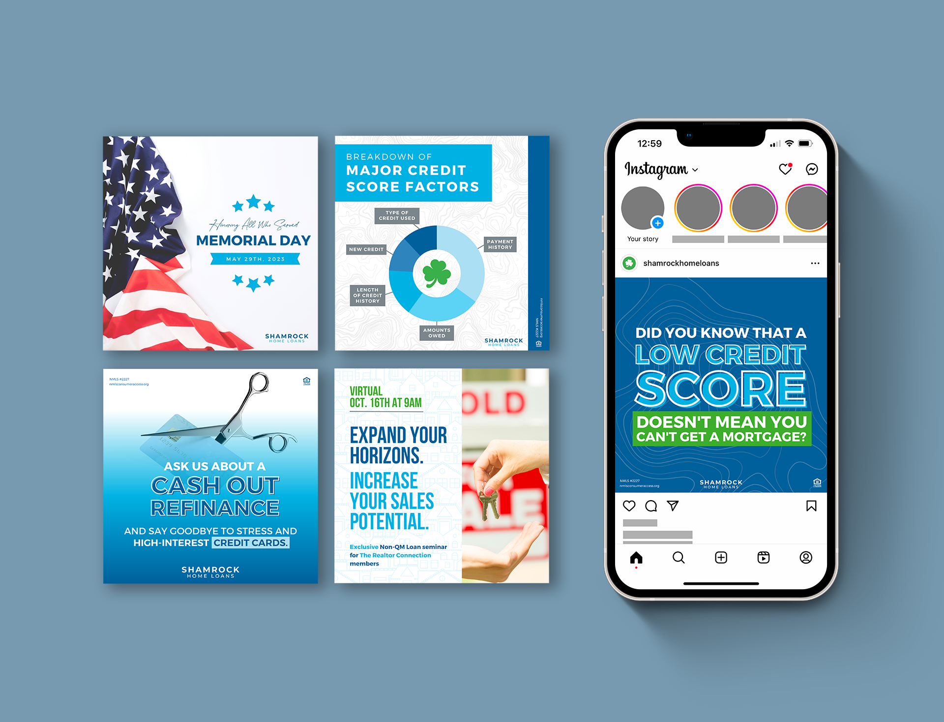 A picture of several different social media posts I designed for Shamrock Home Loans. Four of them lay next to a phone, which displays an additional post on Instagram.