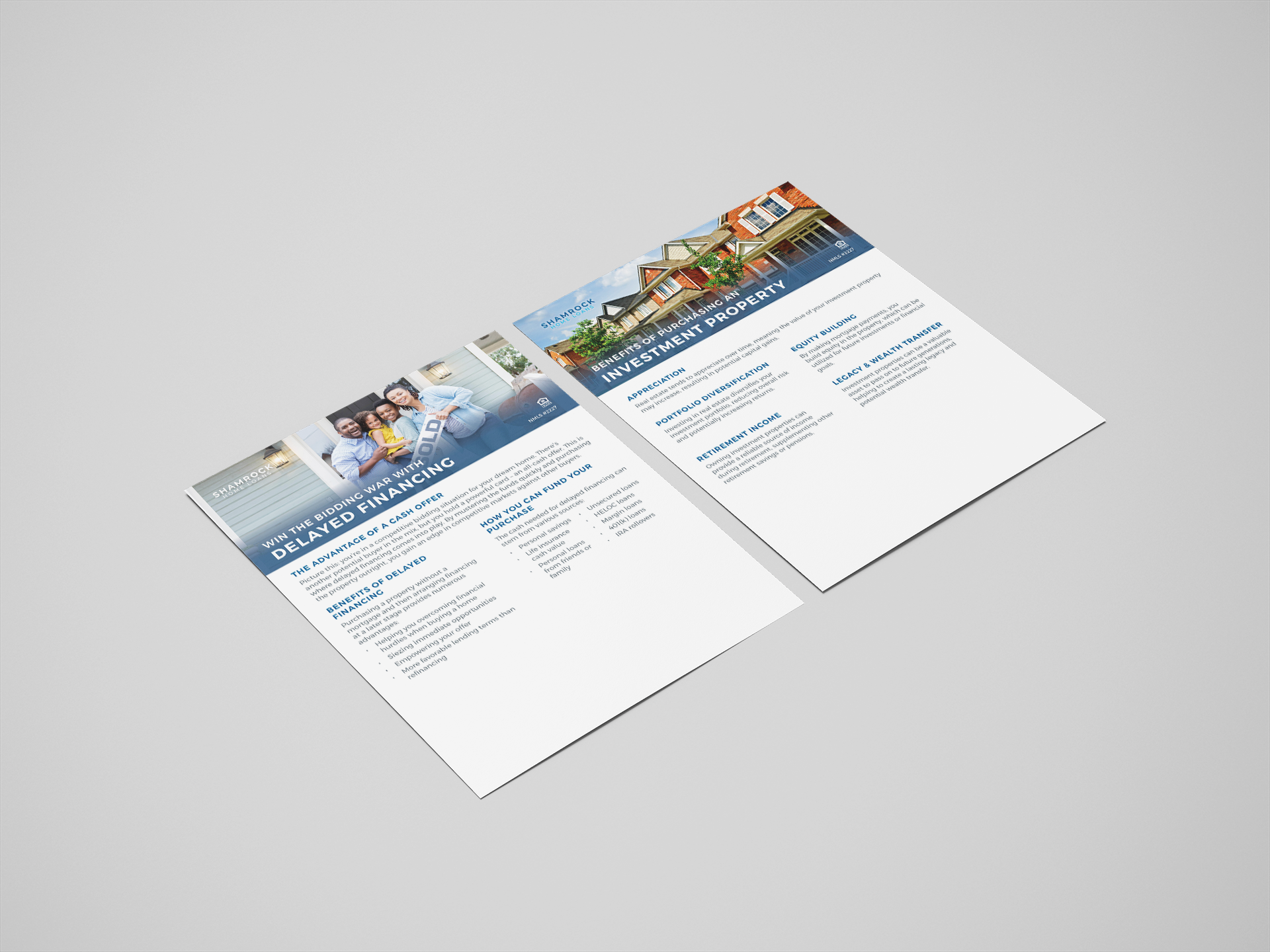 Mockup of two flyers designs, one featuring delayed financing and one featuring the advantages of buying an investment property