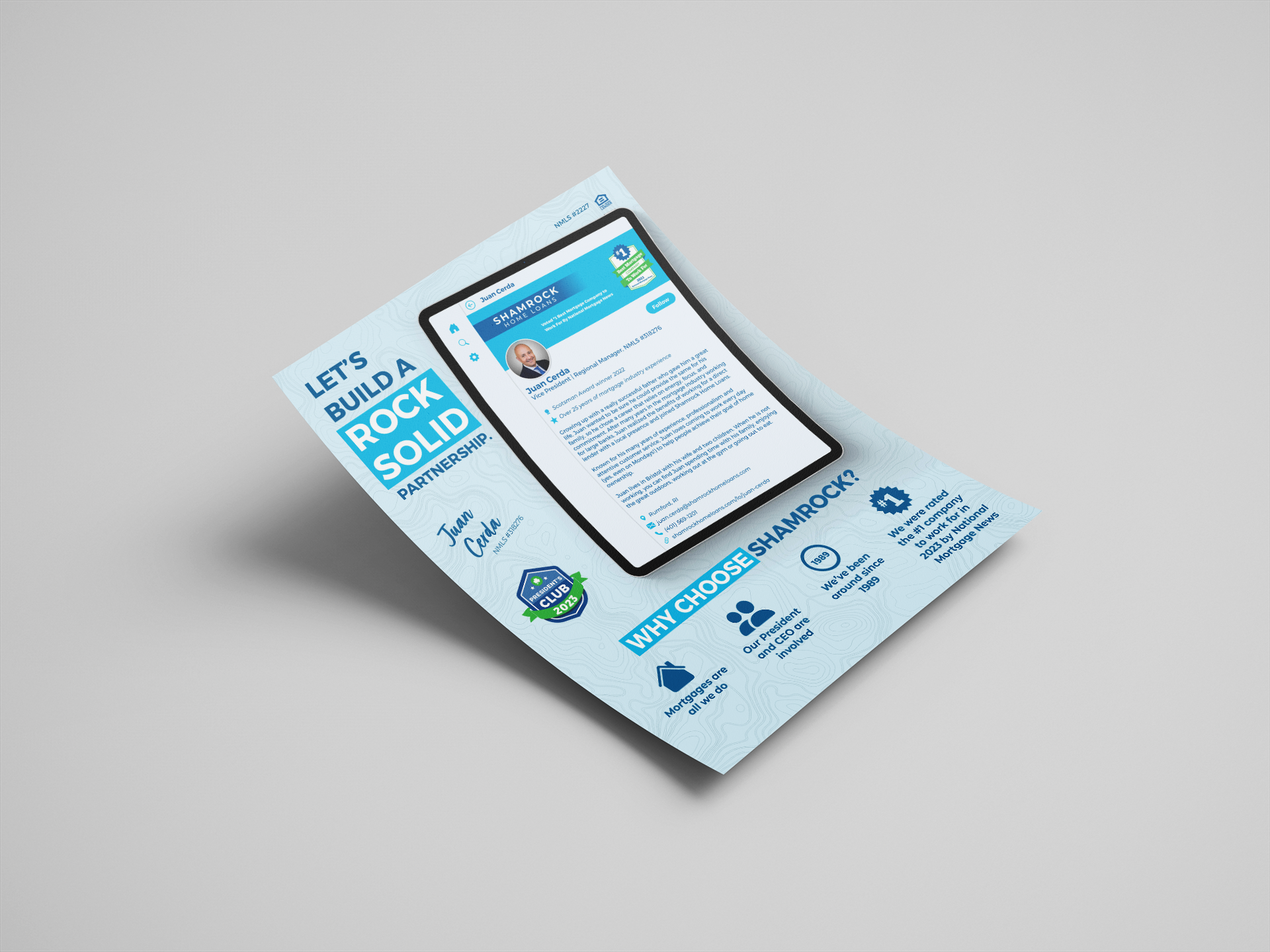 Mockup of a loan officer biography flyer design. This one features an iPad that has the loan officer's biography
