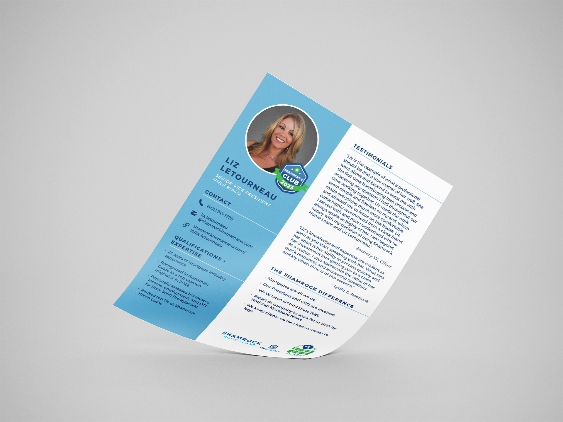 Mockup of a loan officer biography flyer design. This one is styled like a two-column resume