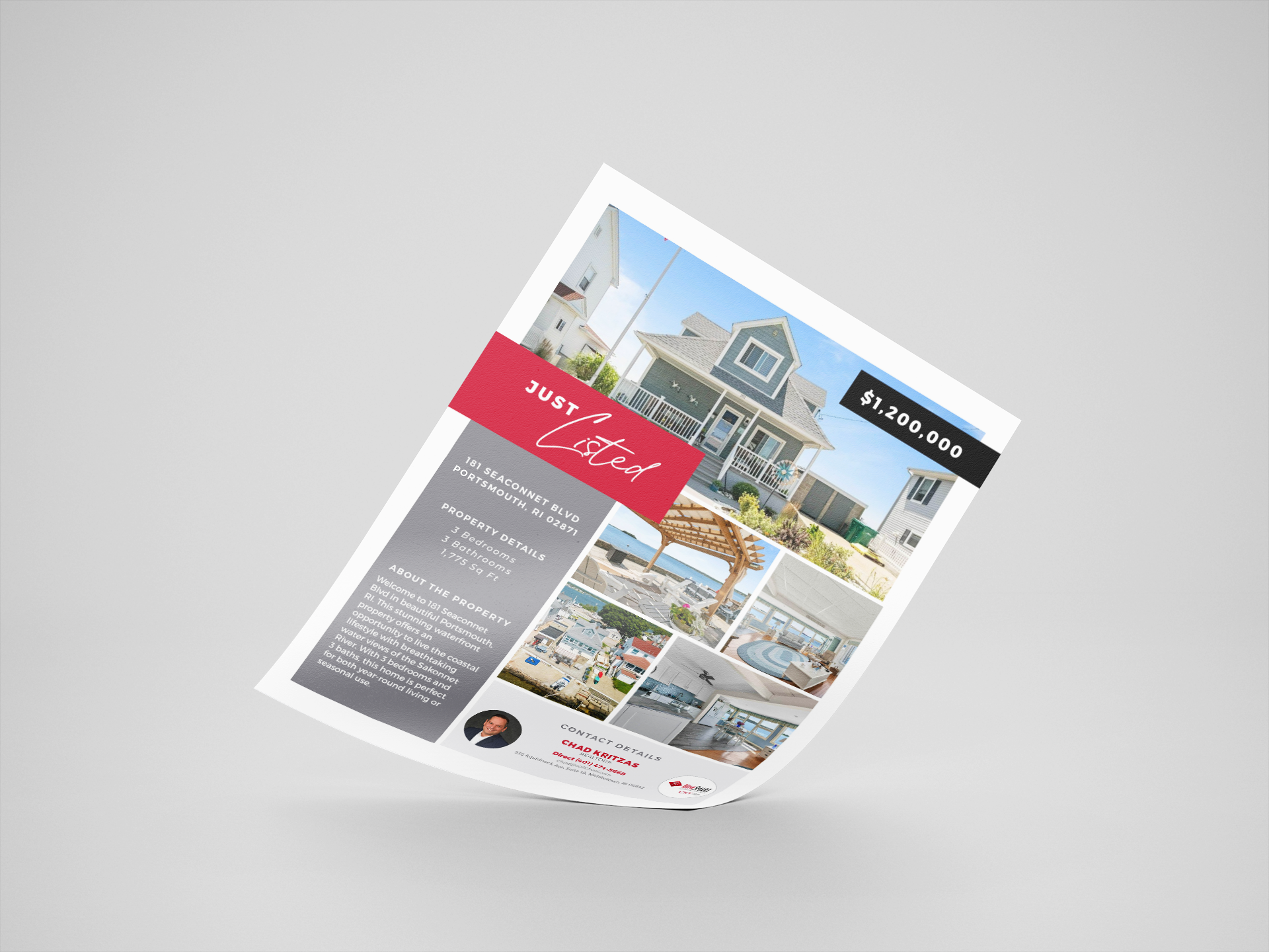 Mockup of a just listed flyer. This was done for HomeSmart and Shamrock to advertise a home for sale and features images of the property and information