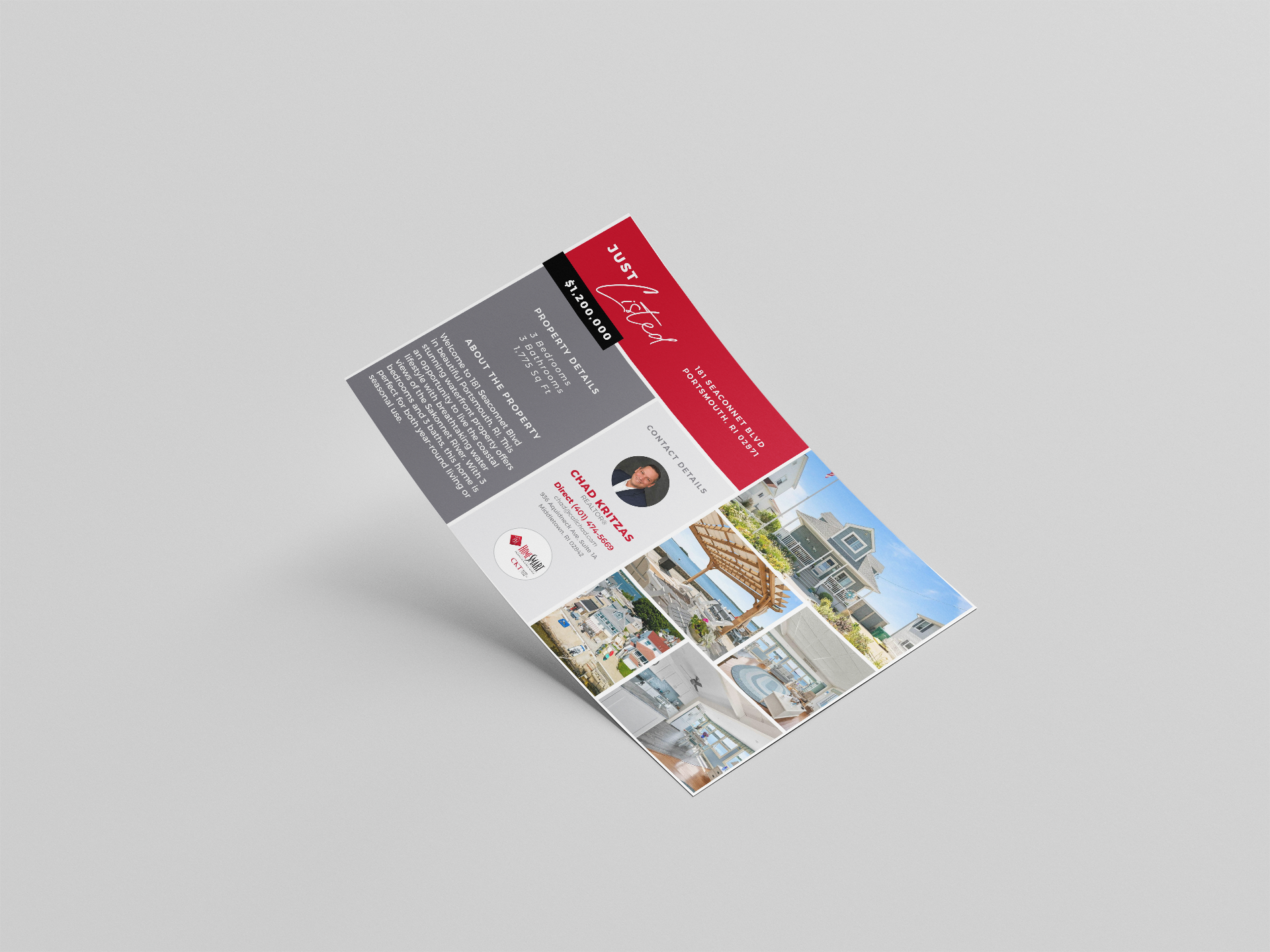 Mockup of a just listed postcard. This was done for HomeSmart and Shamrock to advertise a home for sale and features images of the property and information