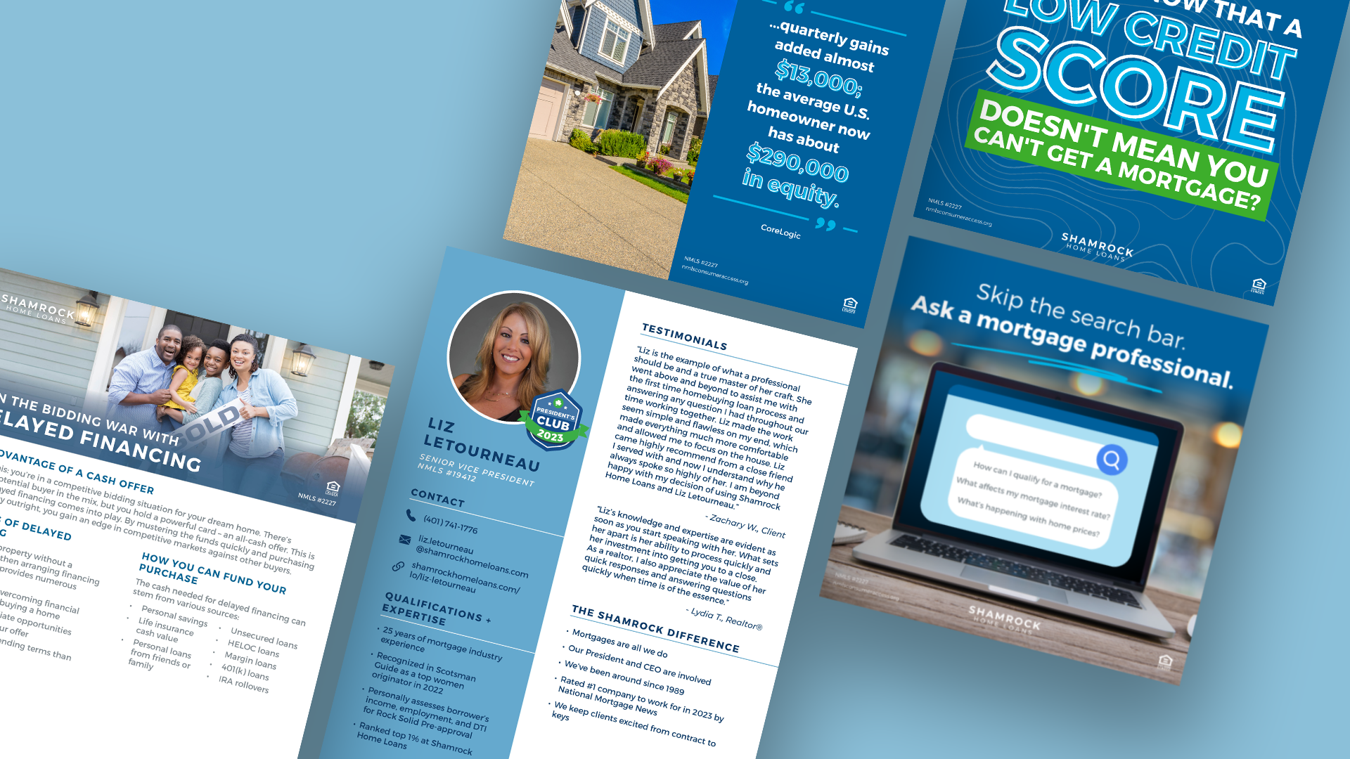 A collection of flyer and social media designs for Shamrock Home Loans