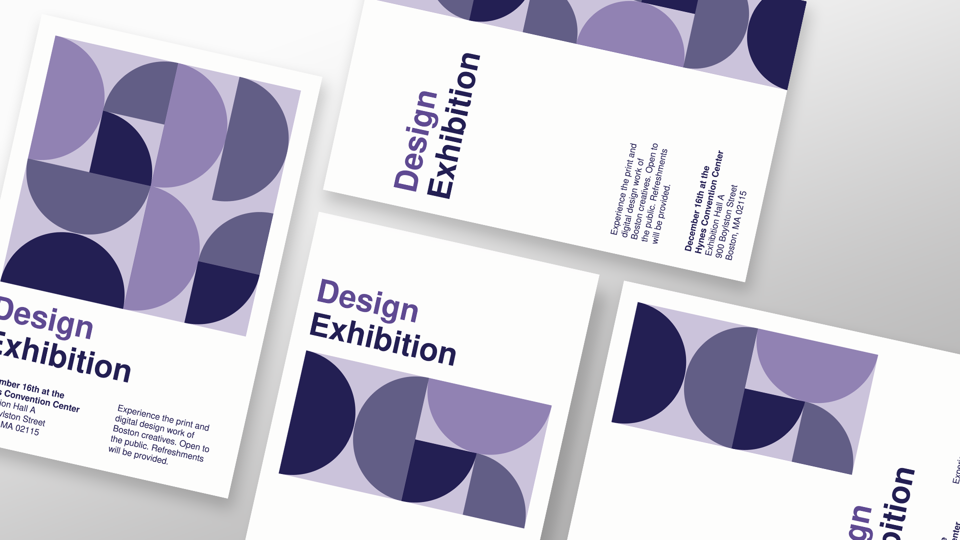 A collection of posters designed in the Swiss style. Sans serif typefaces and abstract shapes that are various tints and shades of purple are on each
