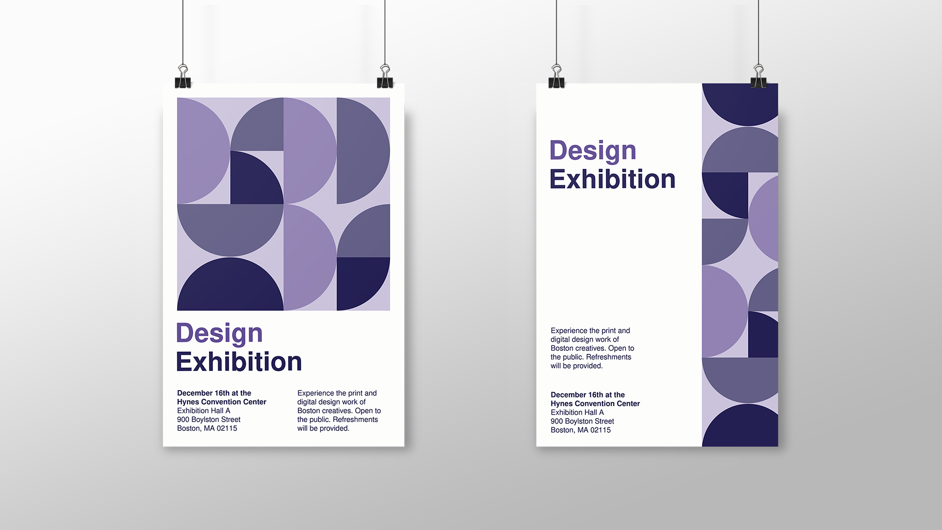 Two posters designed in the Swiss style. Sans serif typefaces and abstract shapes that are various tints and shades of purple are on each