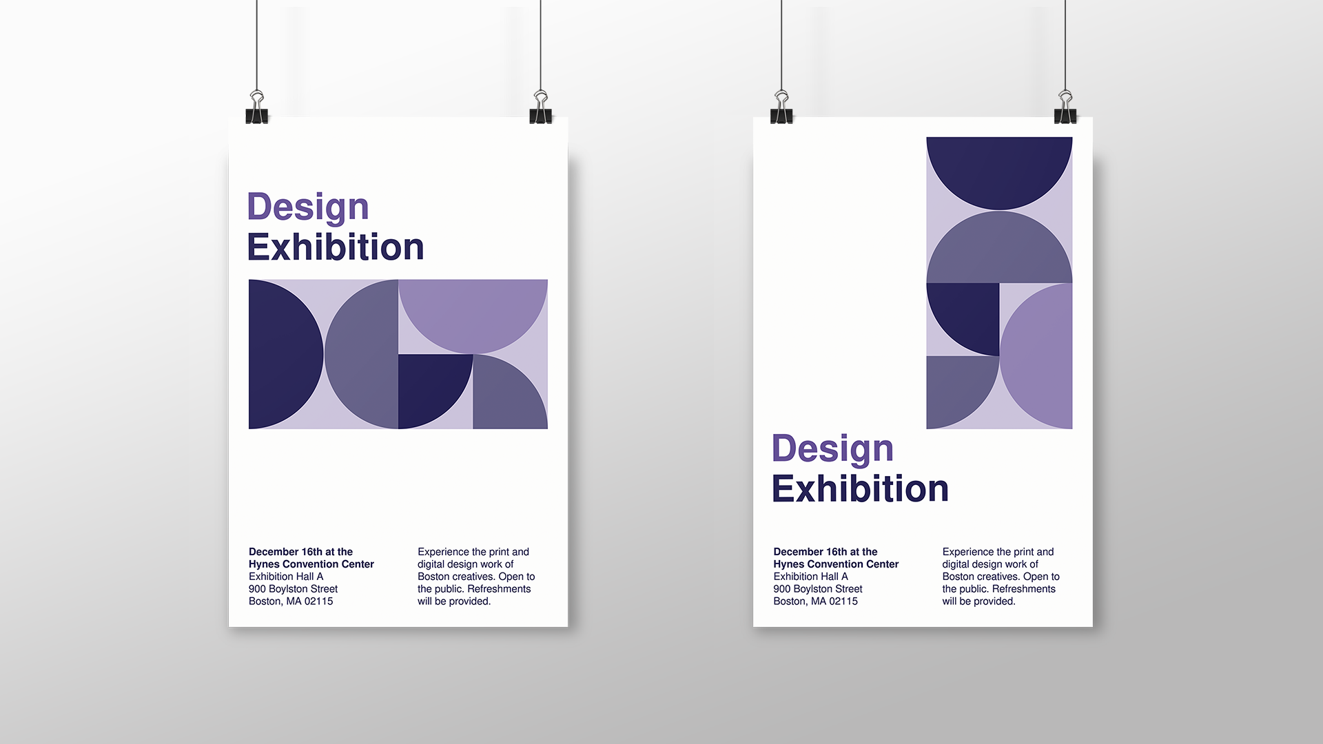 Two posters designed in the Swiss style. Sans serif typefaces and abstract shapes that are various tints and shades of purple are on each