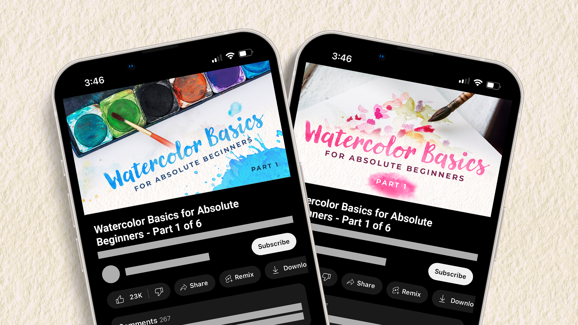Mockup of two phones displaying the YouTube video thumbnails I designed for a video about watercolor basics