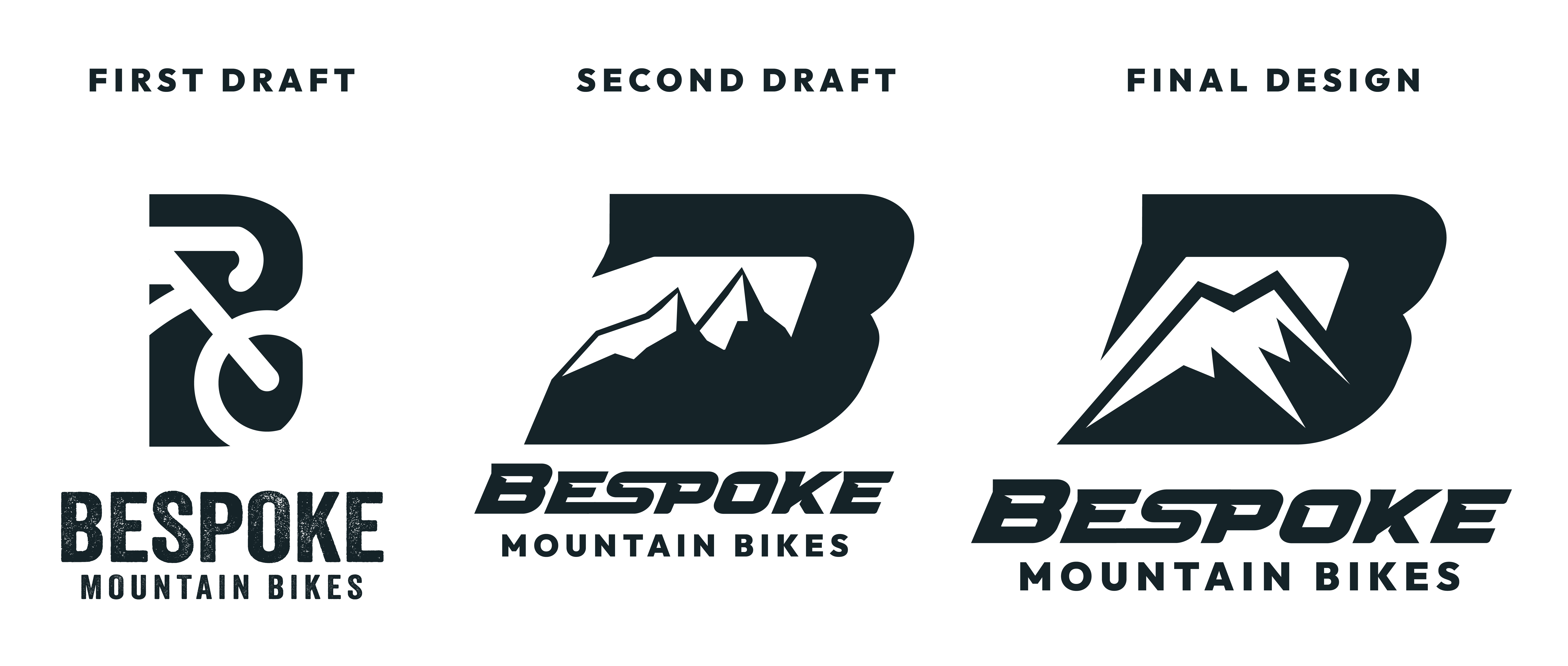 Three versions of a logo design for Bespoke Mountain Bikes. The first version features a simplified bike within the letter B, while the second two versions feature mountains within the letter B.