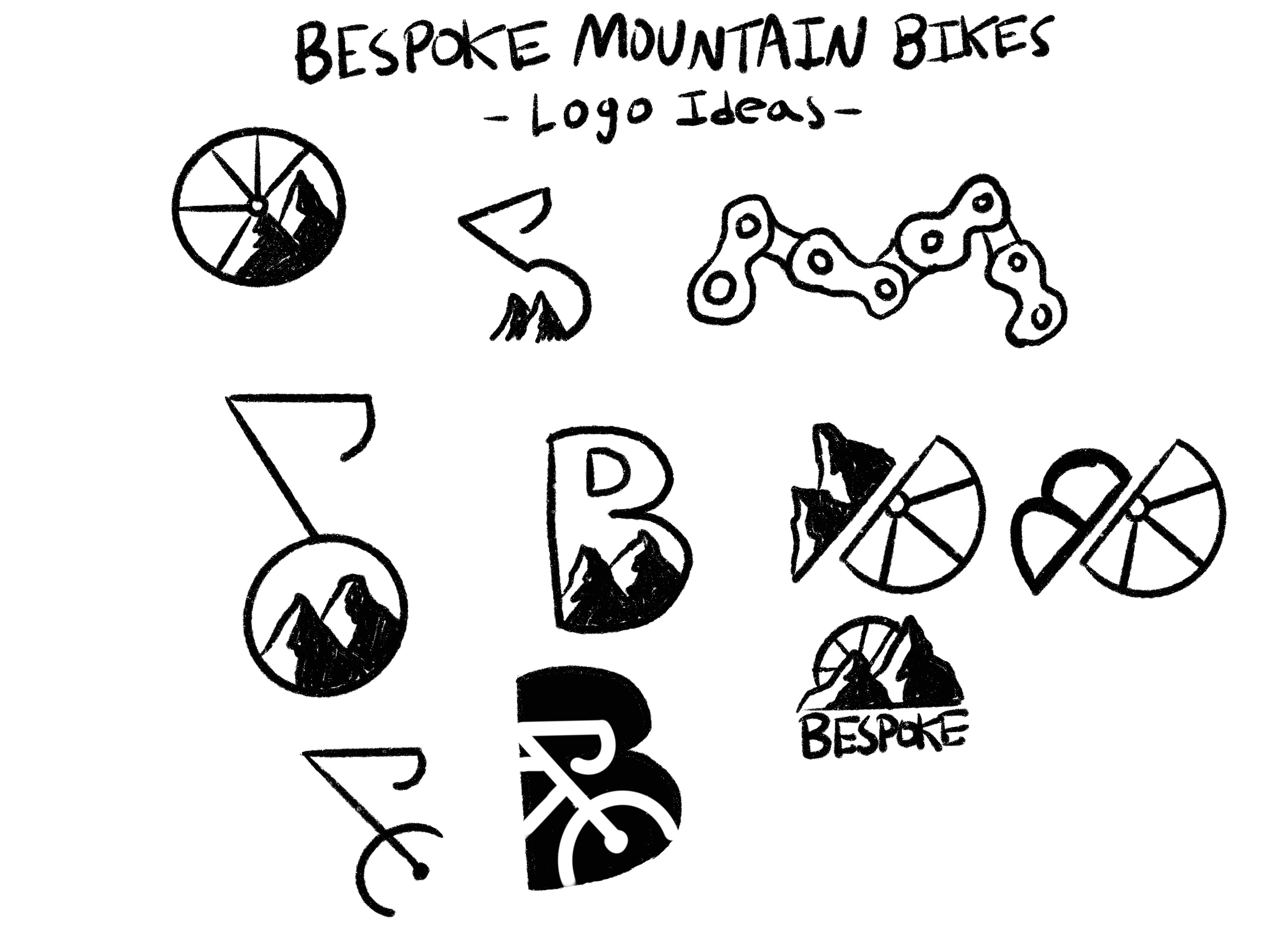 A collection of digital sketches of ideas for the Bespoke Mountain Bikes logo