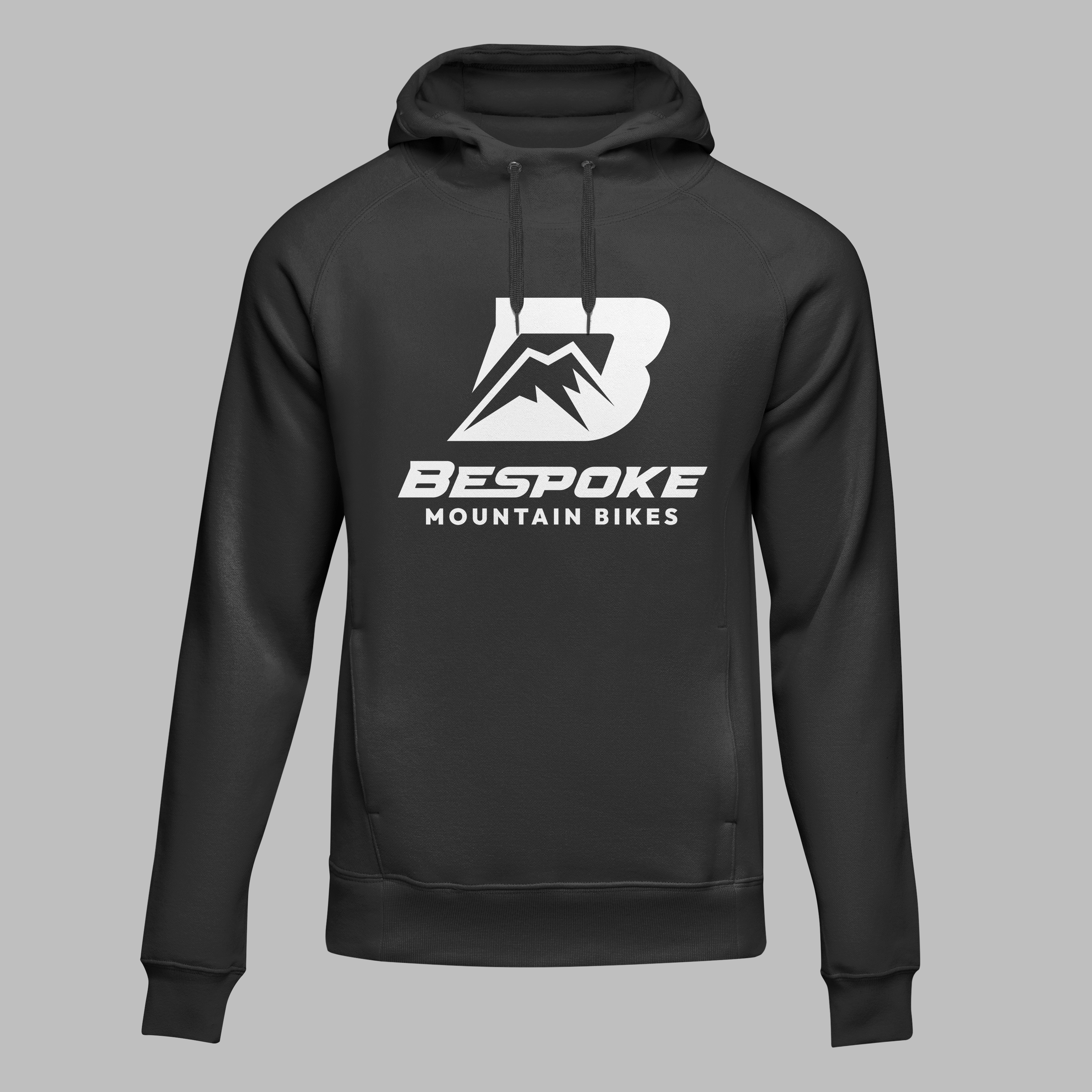 A black or gray sweatshirt featuring the white Bespoke Mountain Bikes logo