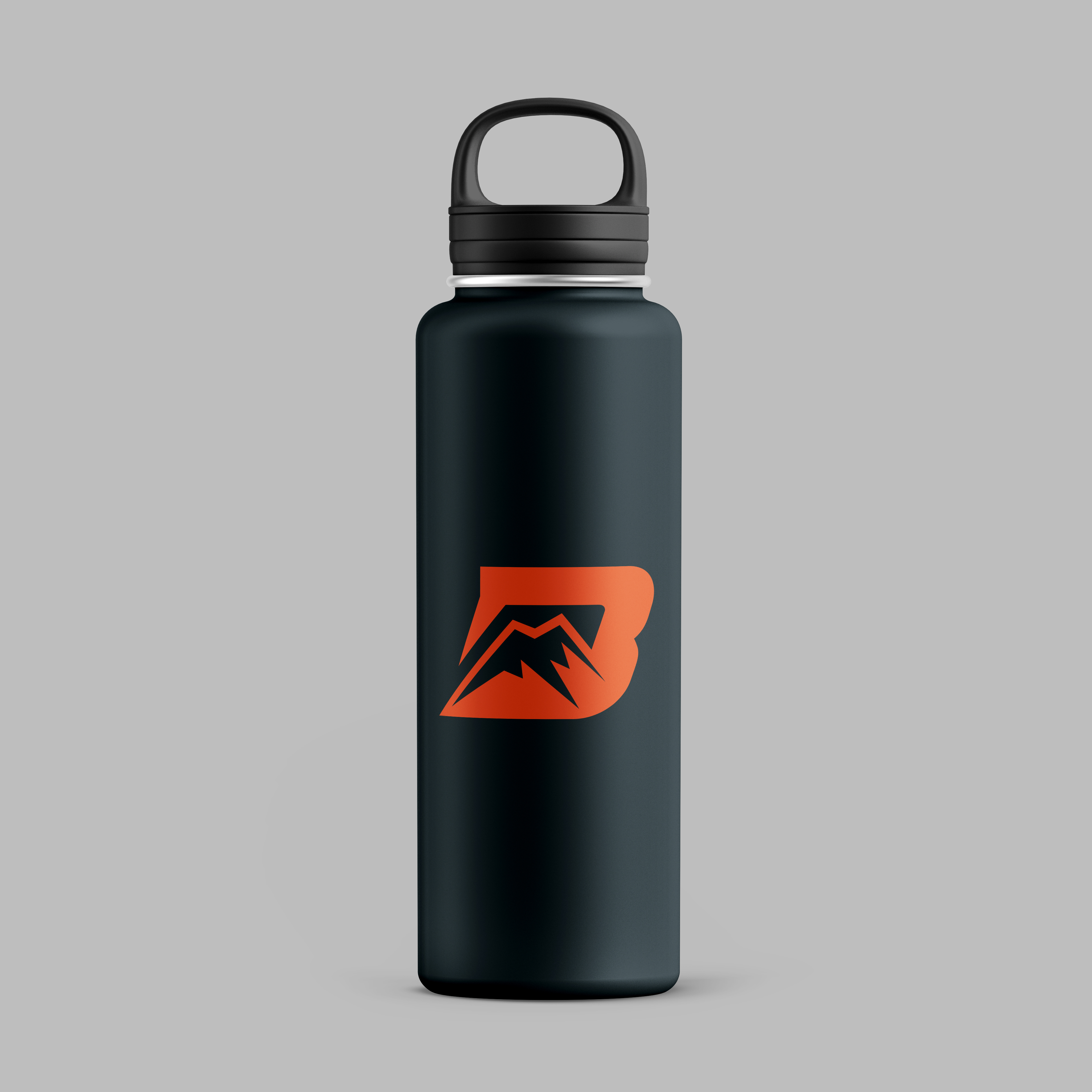 A gray or black water bottle featuring the orange Bespoke Mountain Bikes logomark-only logo