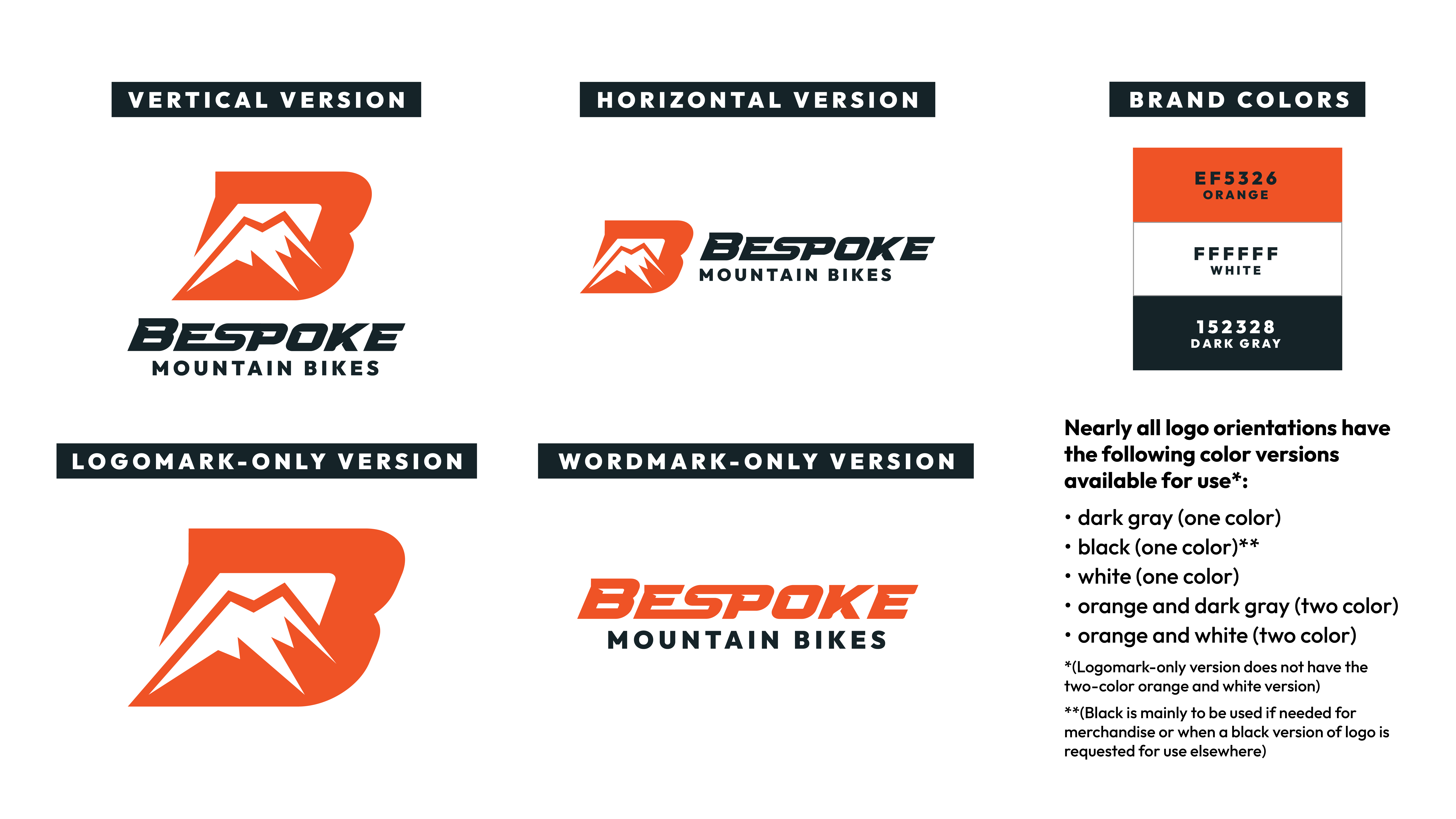 Various orientations of the Bespoke Mountain Bikes logo, as well information on the brand colors of orange, white, and dark gray