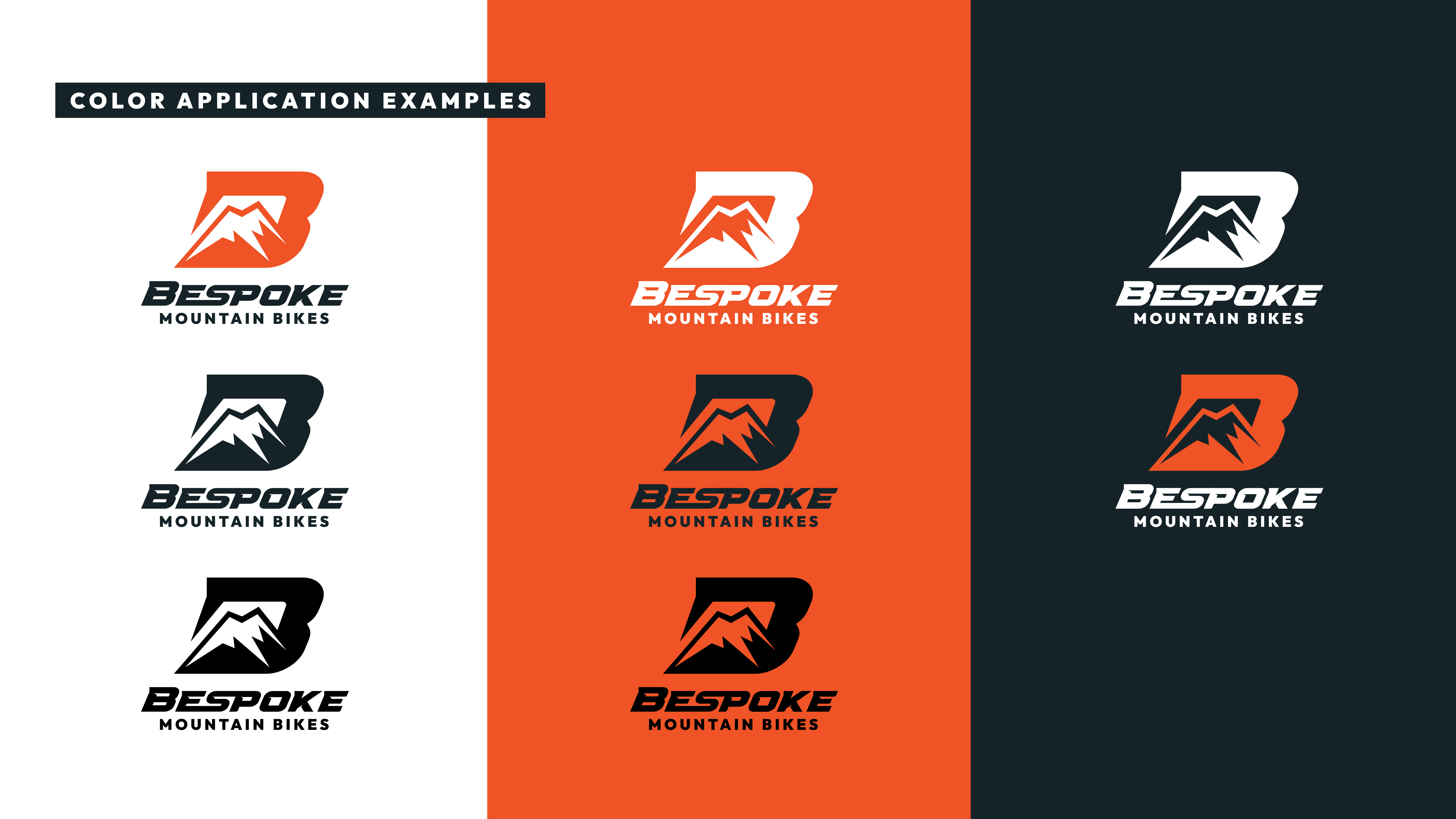 Color application examples for the Bespoke Mountain Bike logo. Shows different color versions of the logo on white, orange, and dark gray backgrounds