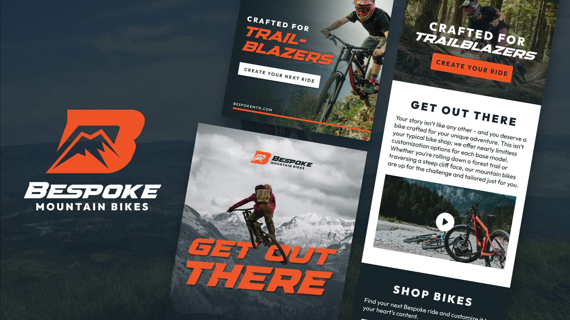 Image showing the Bespoke Mountain Bikes logo design alongside designs for a digital ad, print ad, and website
