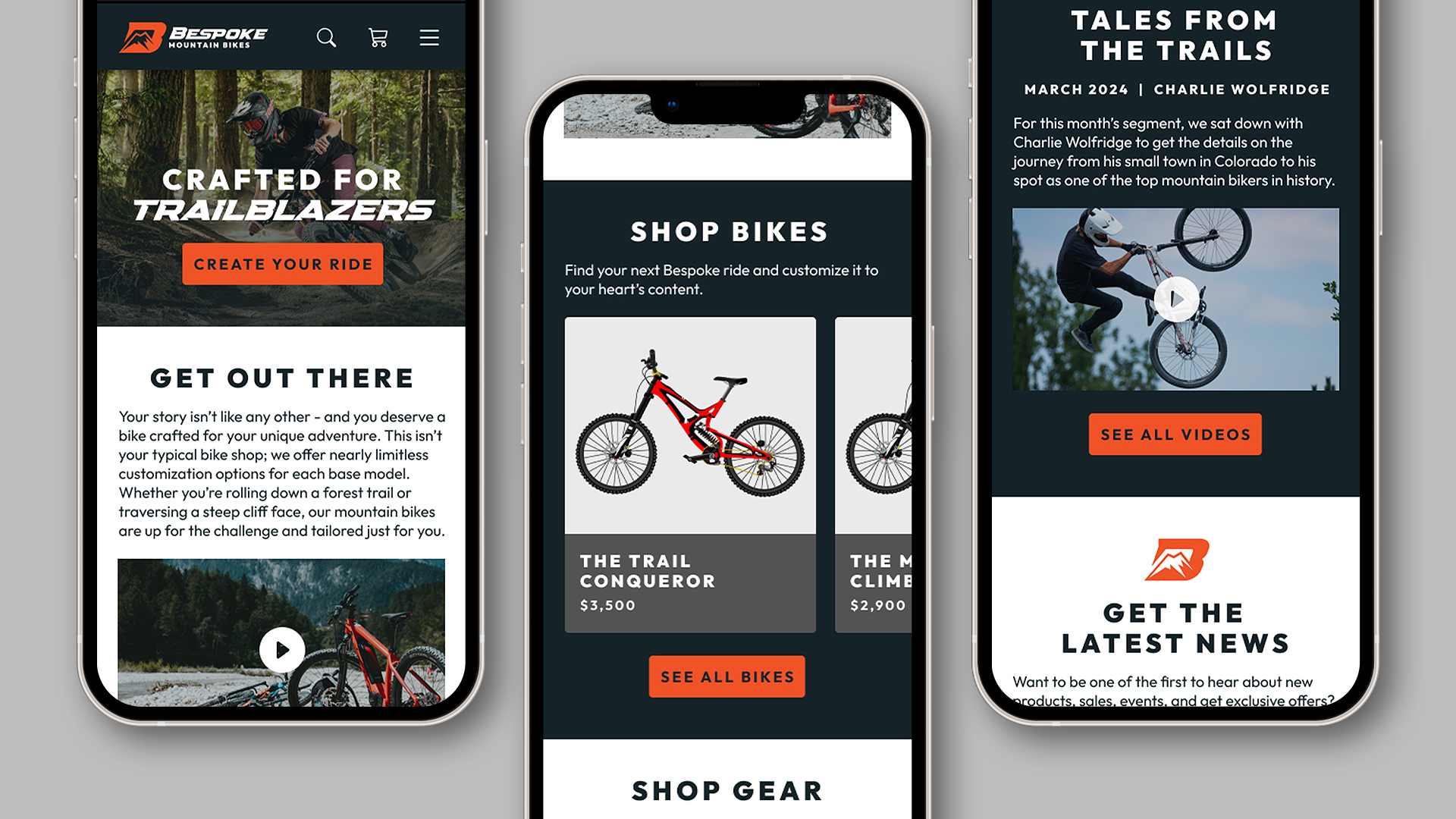 An image of three iPhones showing various sections of the Bespoke Mountain Bikes website
