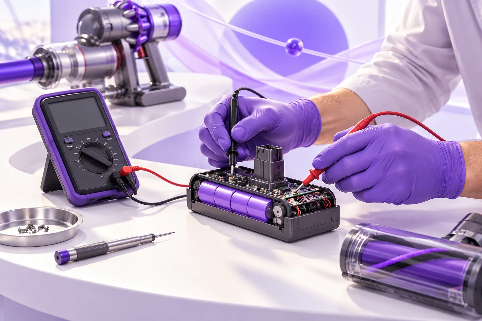 Illustration of a technician testing a cordless vacuum battery and power supply