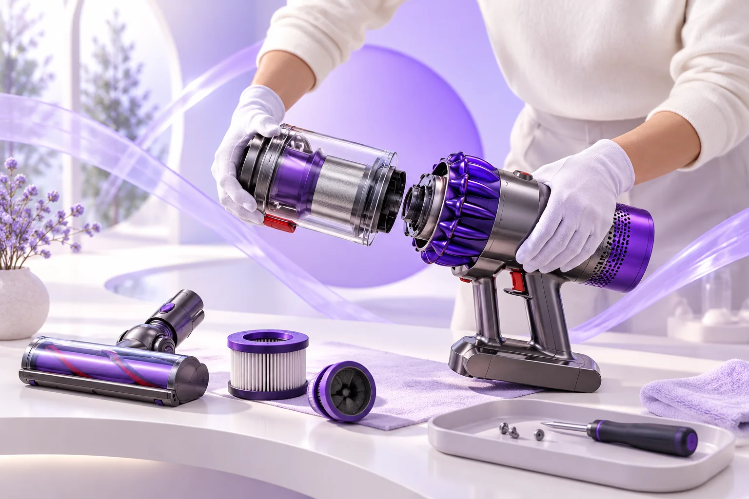 Illustration of vacuum components being inspected for repair