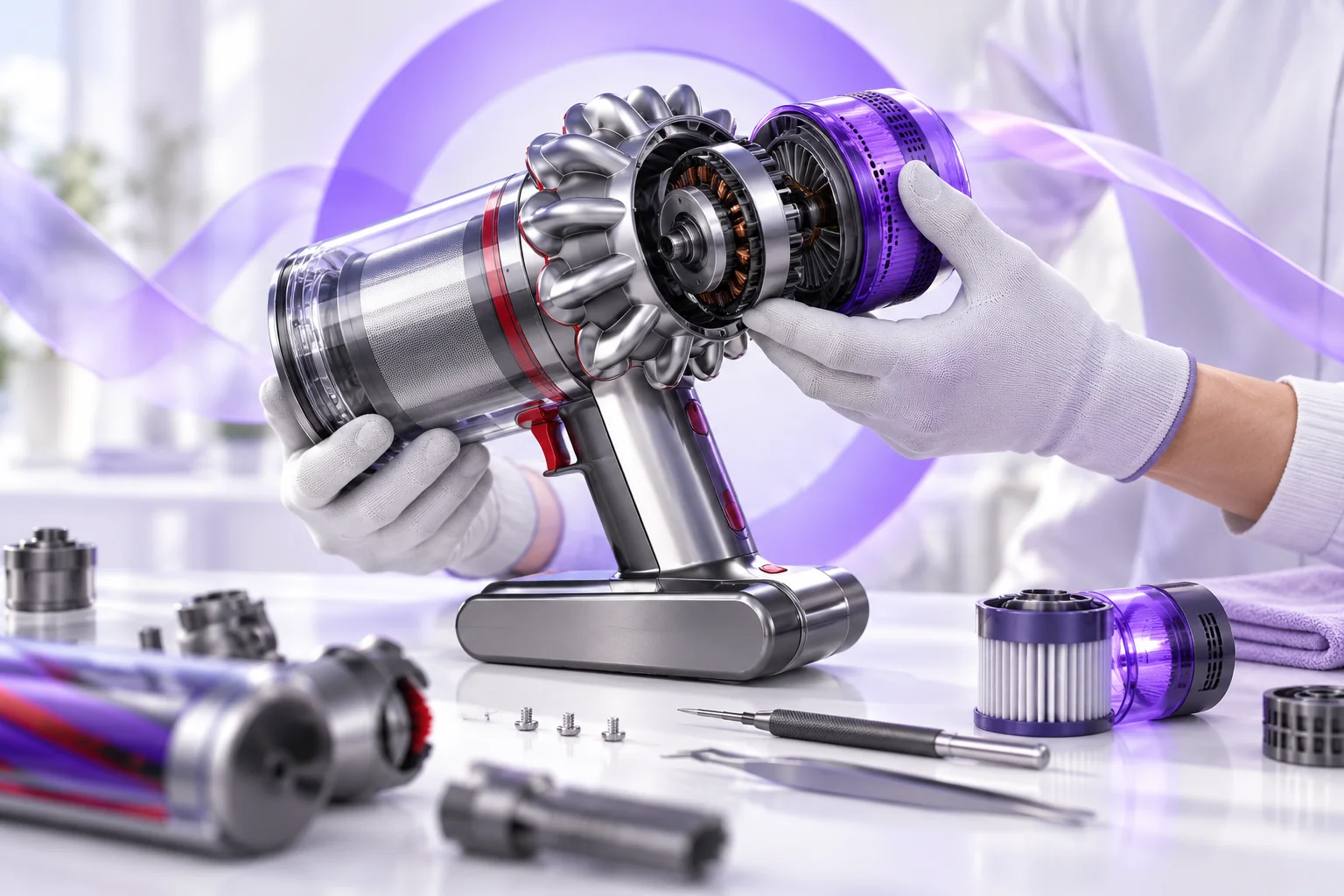 Illustration of a vacuum motor and moving parts being inspected