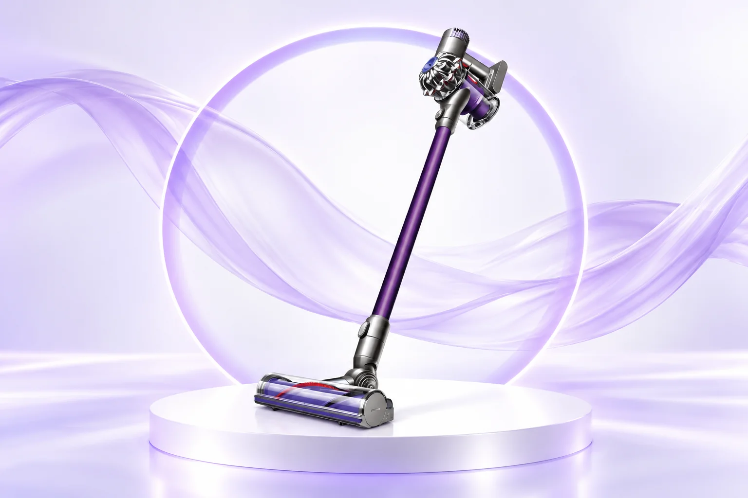 Illustrative refurbished Dyson V6 in a lilac studio setting