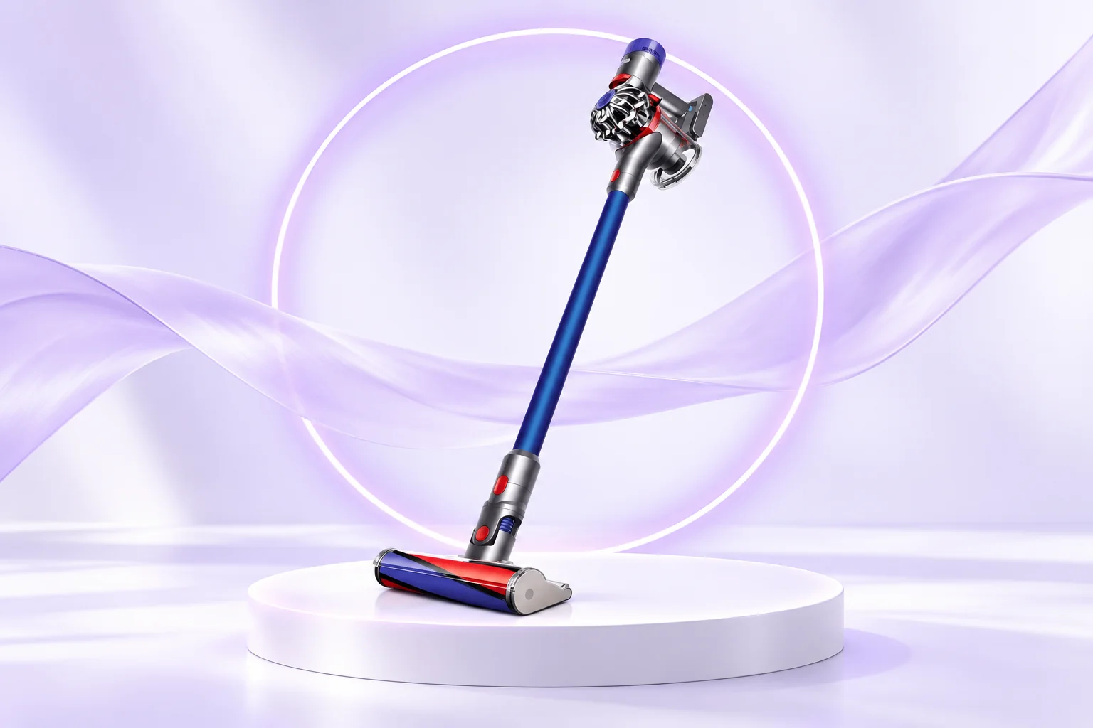 Illustrative refurbished Dyson V7 in a lilac studio setting