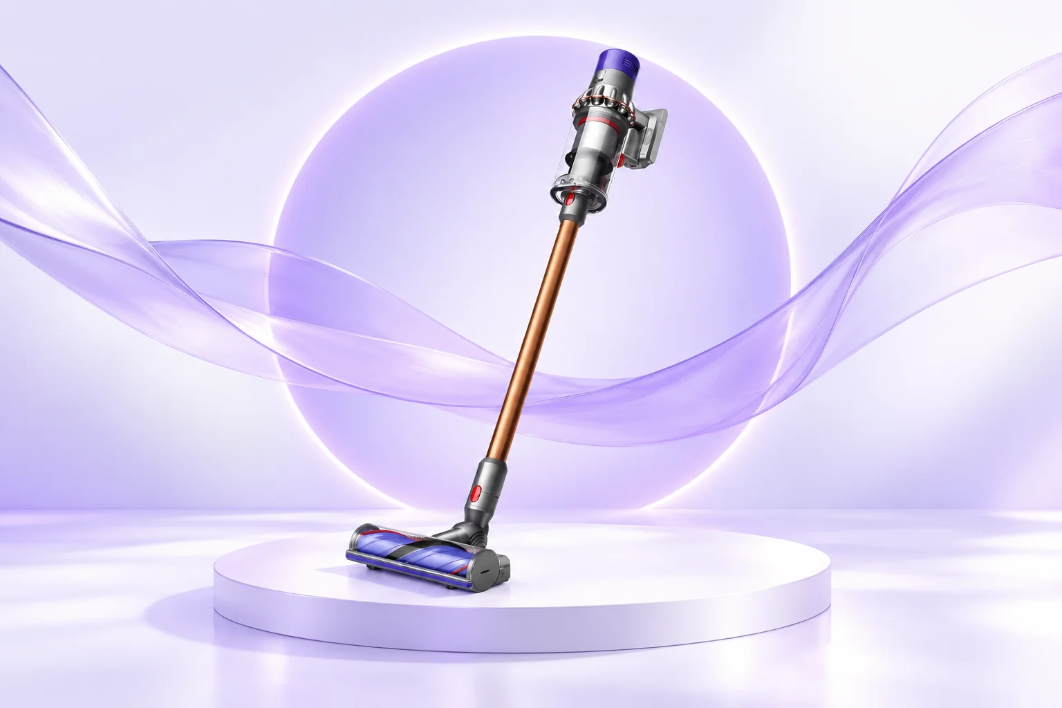 Illustrative refurbished Dyson V10 in a lilac studio setting