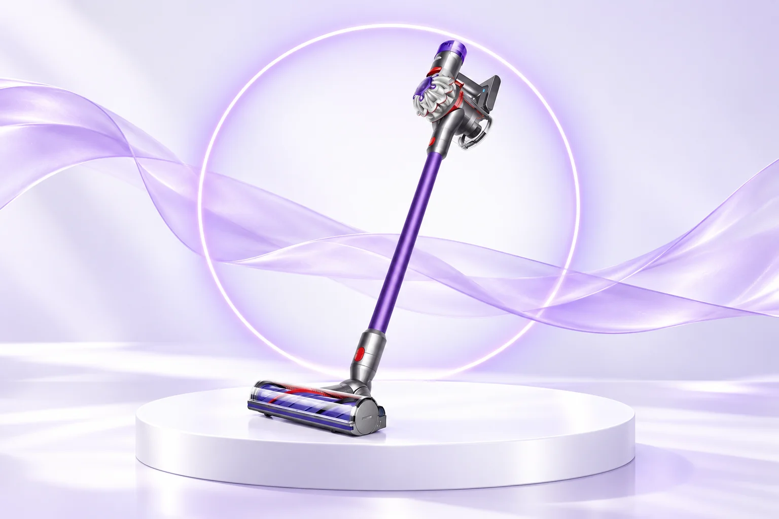 Illustrative refurbished Dyson V8 in a lilac studio setting
