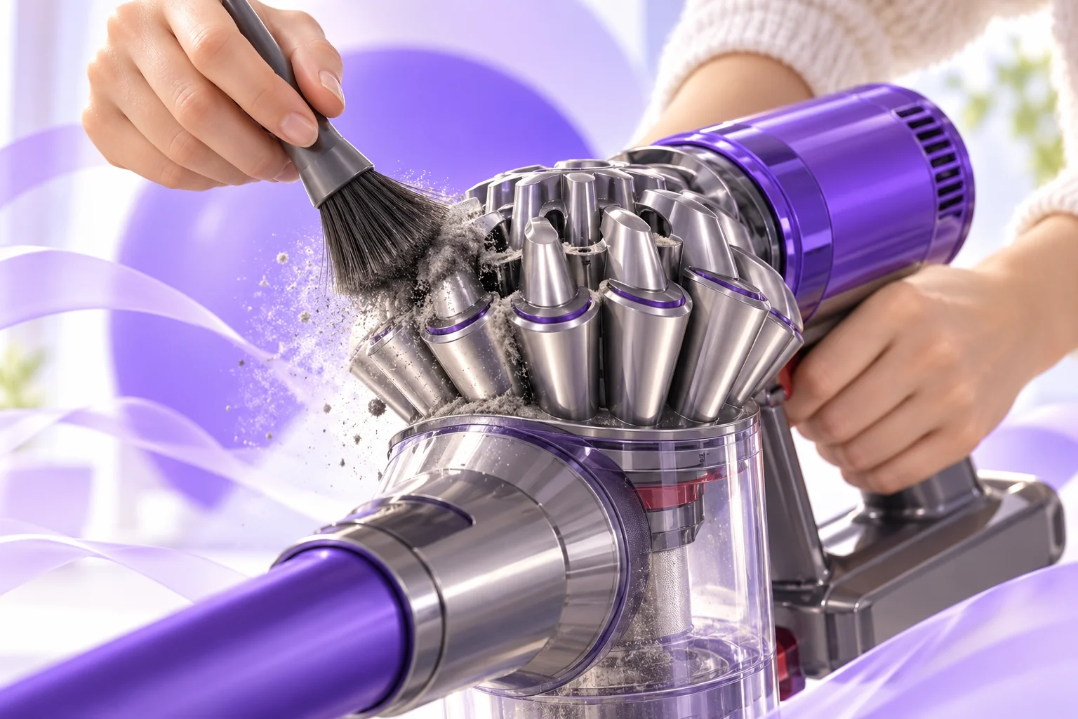 Illustration of fine dust being brushed from vacuum cyclones