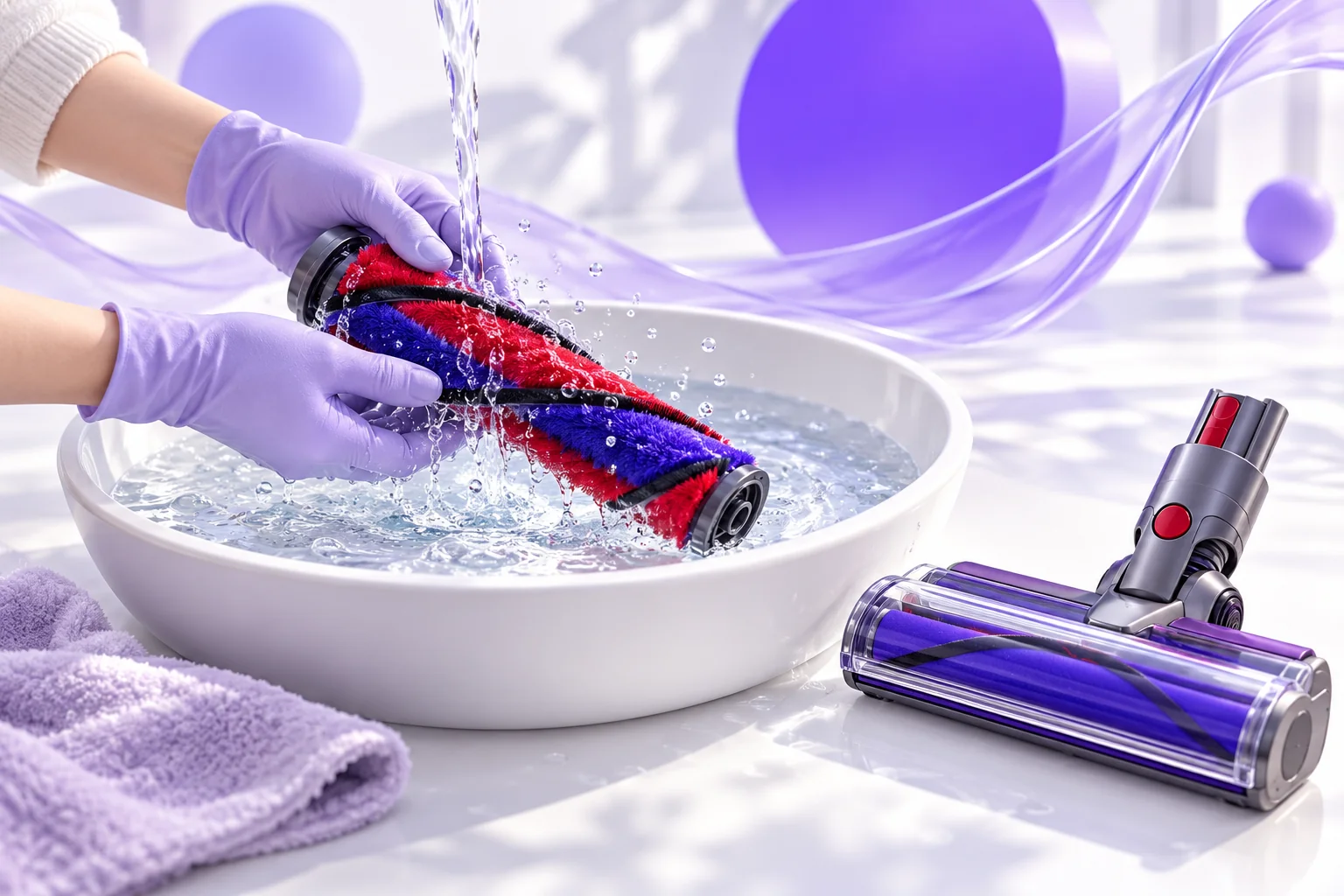 Illustration of a detached vacuum brush roll being cleaned