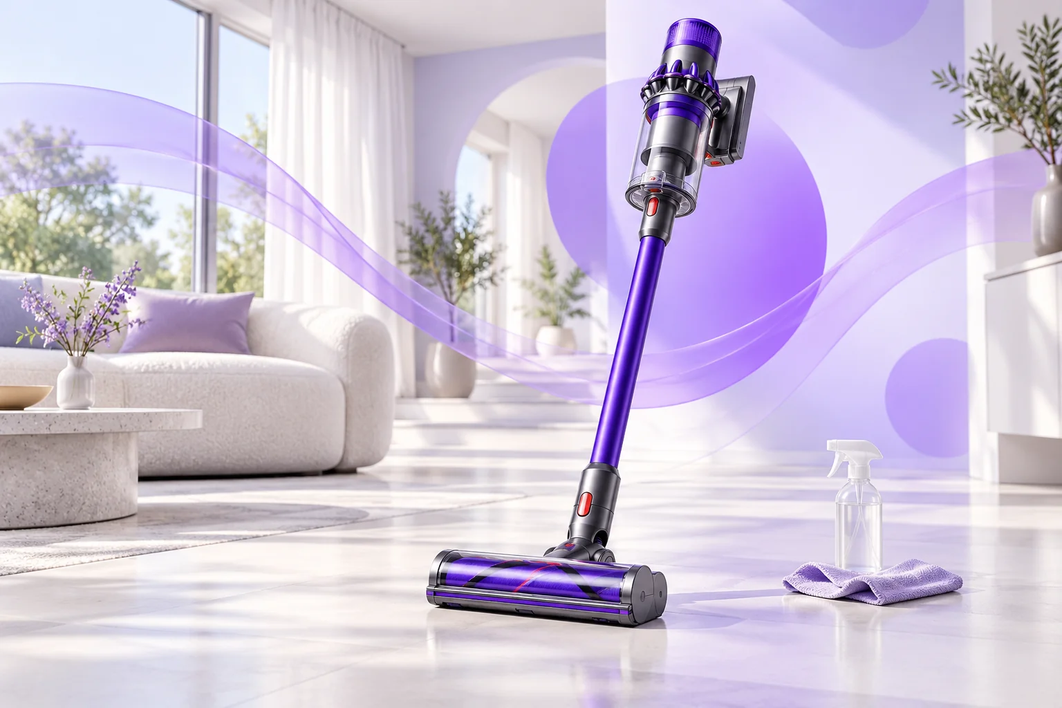 Illustration of a freshly cleaned cordless vacuum in a bright home