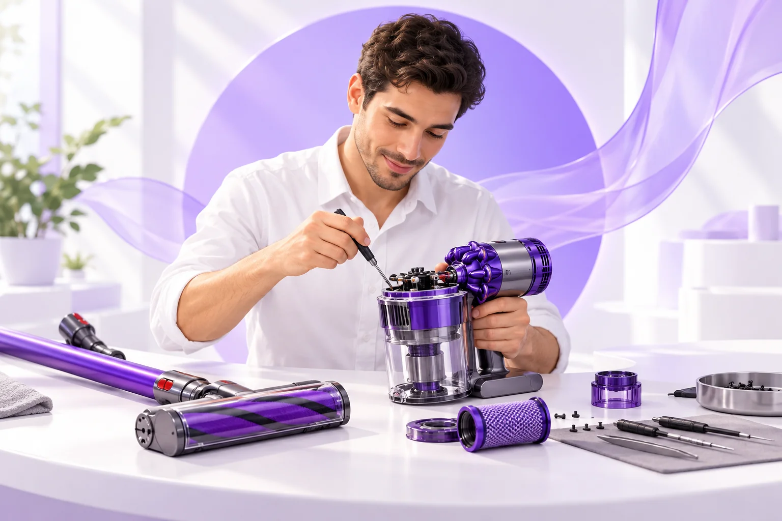 Illustrated repair specialist working on a cordless vacuum