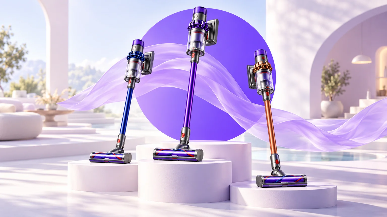 Illustration of restored cordless vacuums in Dusti's white and lilac abstract setting