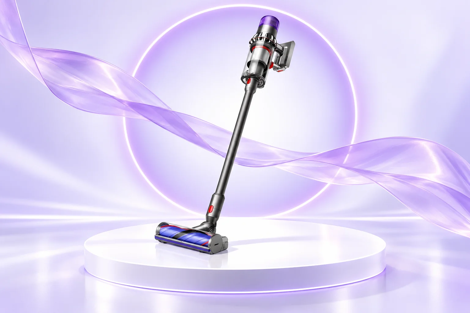 Illustrative refurbished Dyson V11 in a lilac studio setting