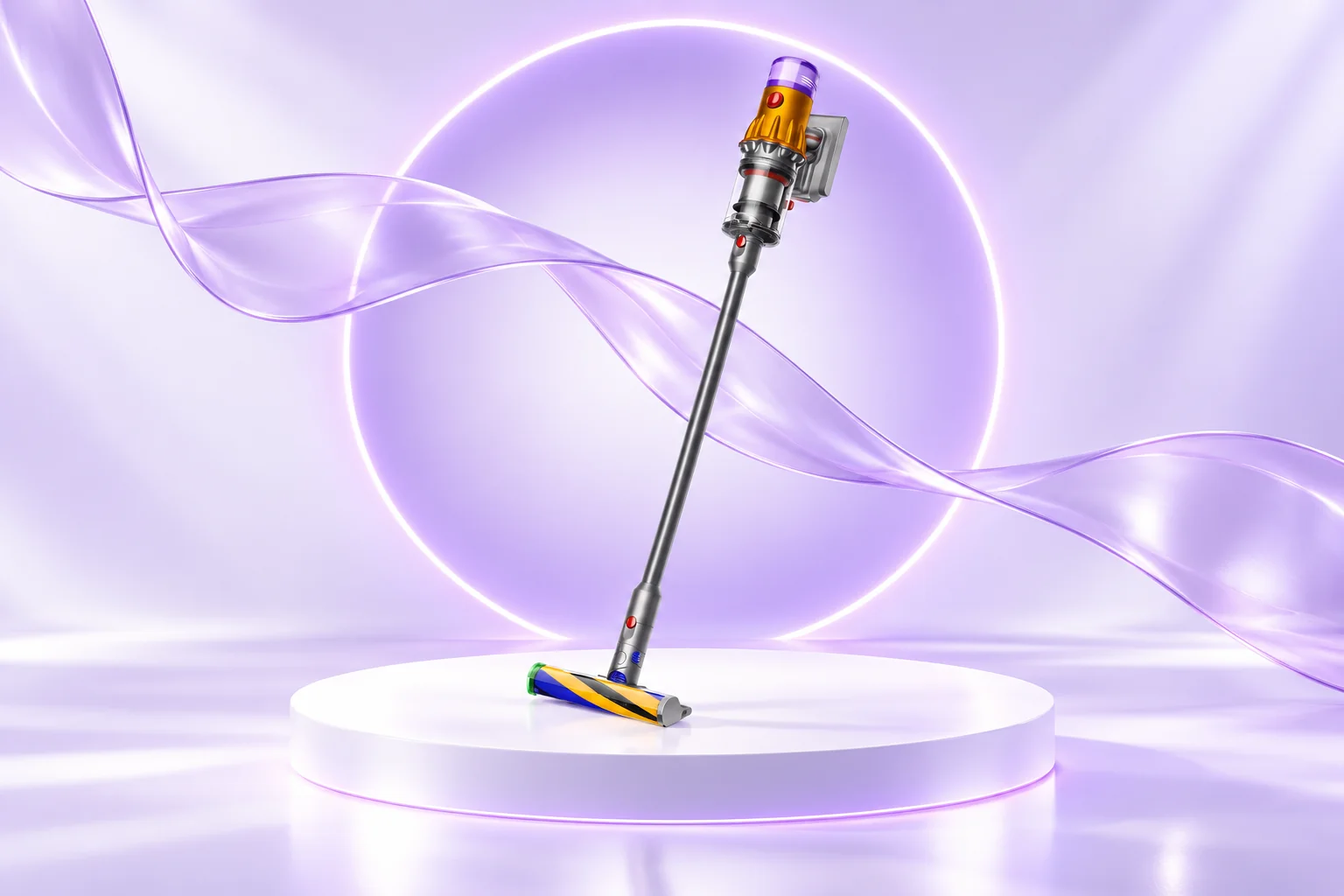 Illustrative refurbished Dyson V12 in a lilac studio setting