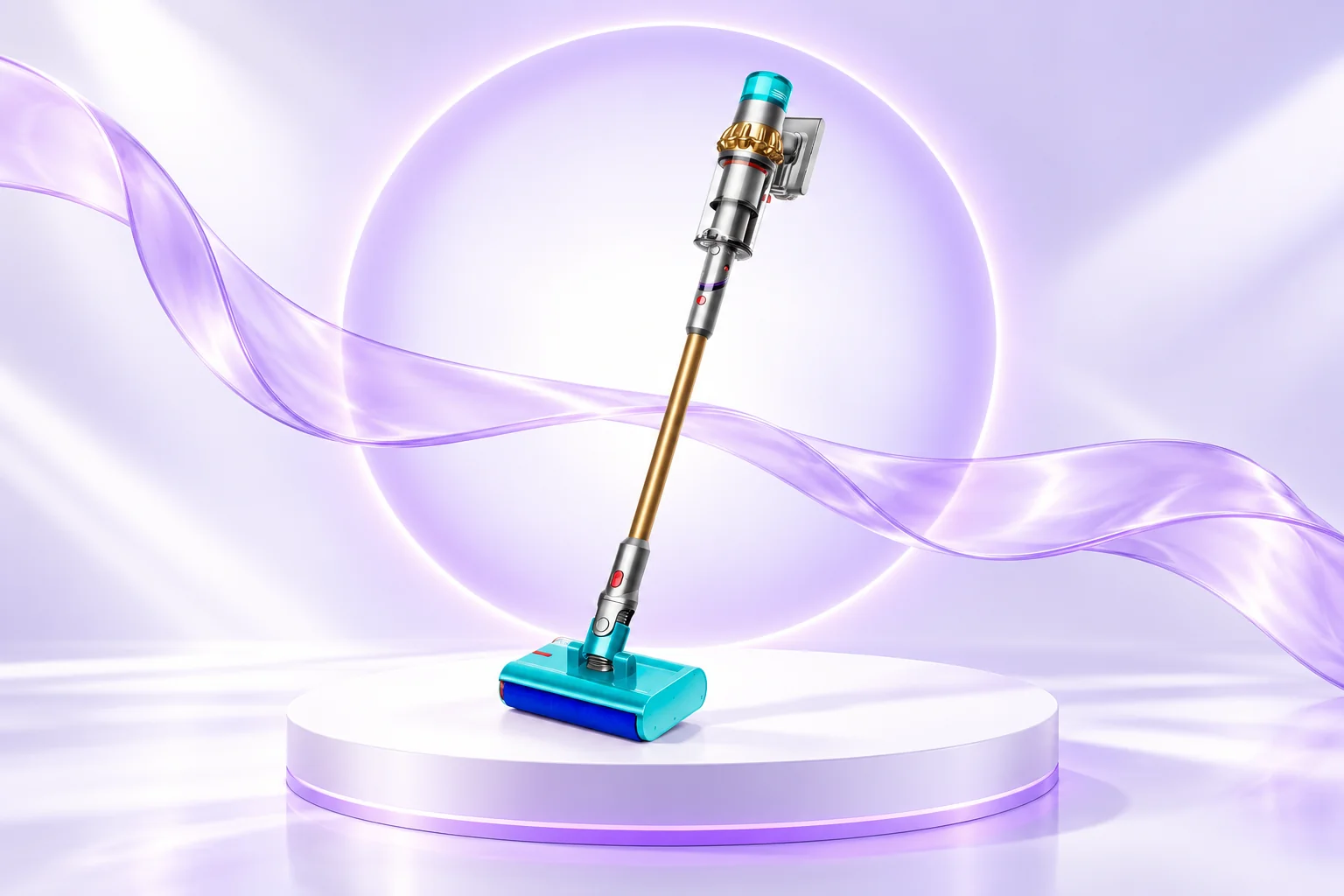 Illustrative refurbished Dyson V15S in a lilac studio setting