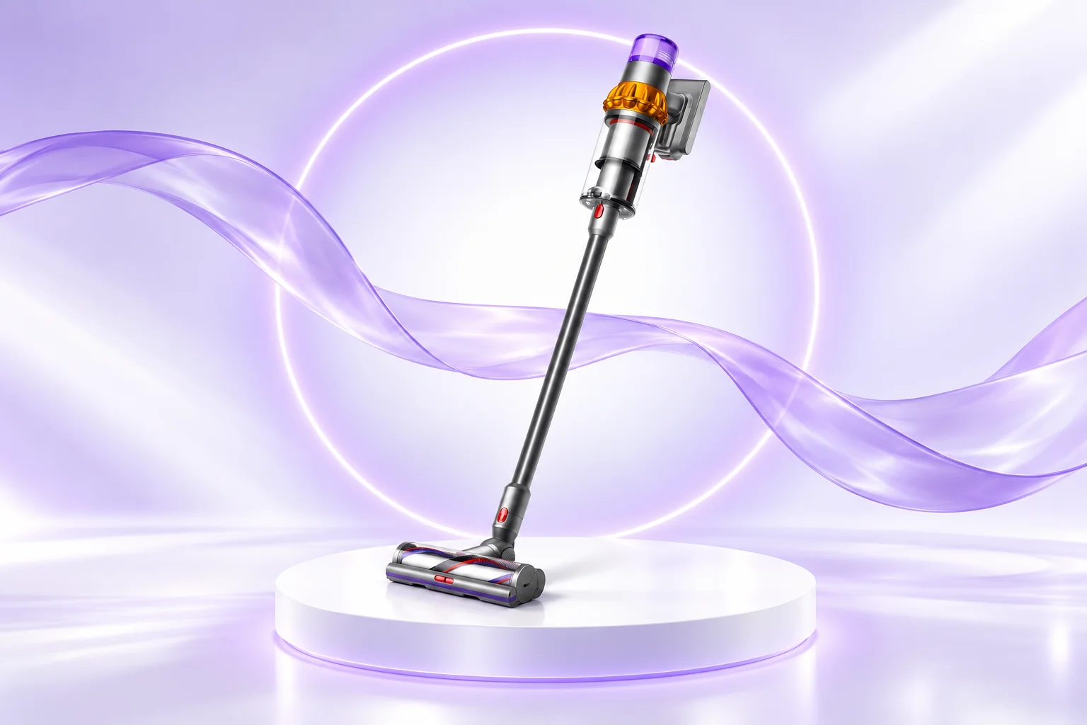 Illustrative refurbished Dyson V15 in a lilac studio setting