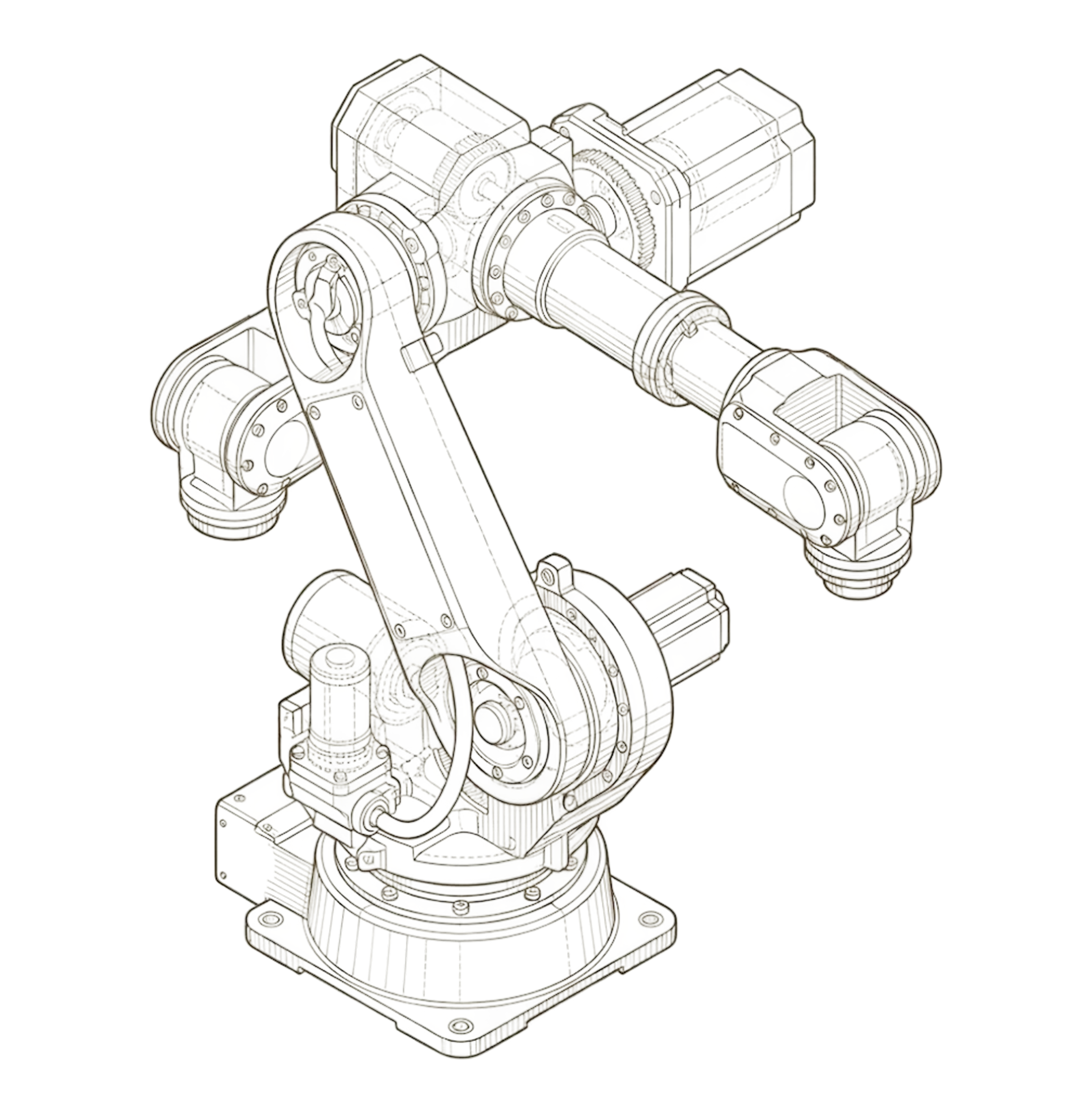 Technical line drawing of an articulated industrial robotic arm with motors at each joint
