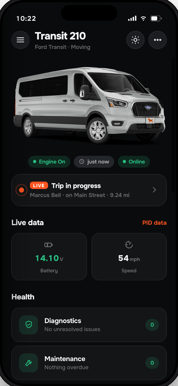 Moto Watchdog app tracking a vehicle in real time
