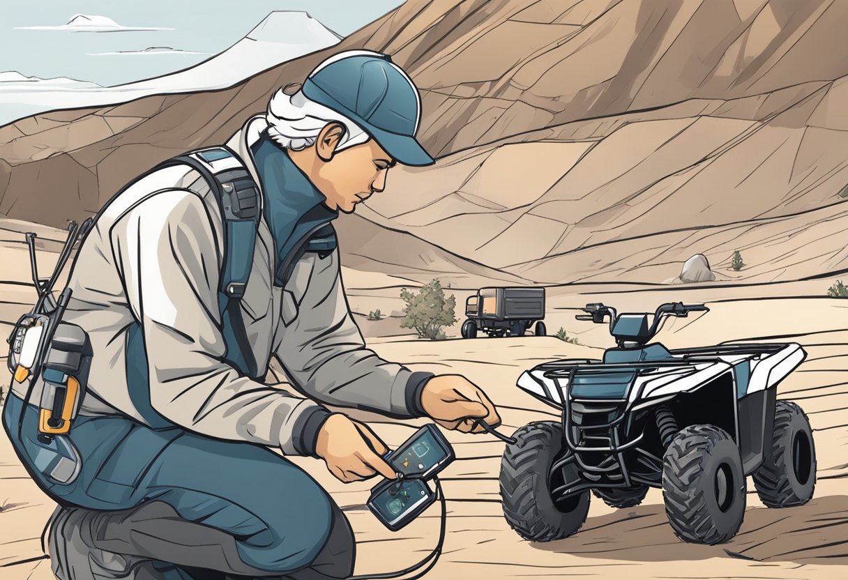 A technician installs a small GPS tracker onto an ATV, connecting wires and securing it in place. The device is activated and tested for functionality