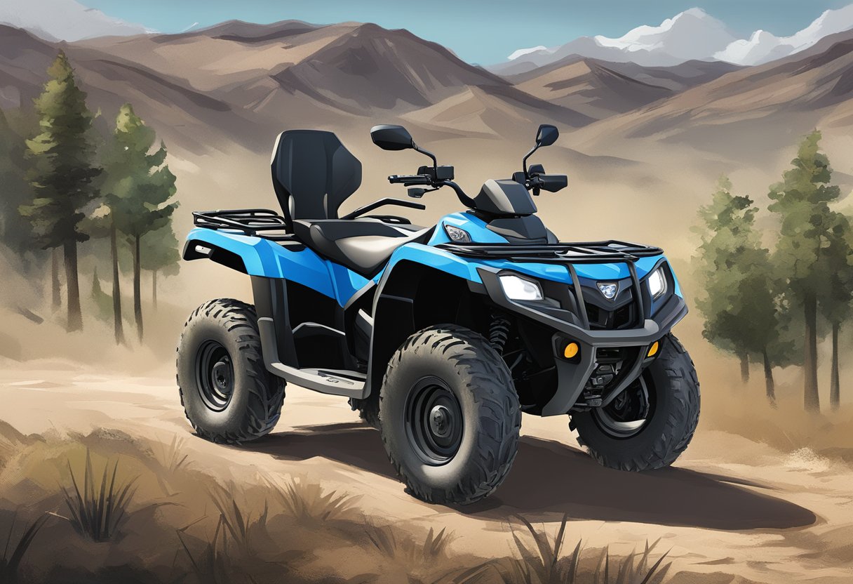 A rugged ATV with a GPS tracker mounted on the handlebars, no monthly fee