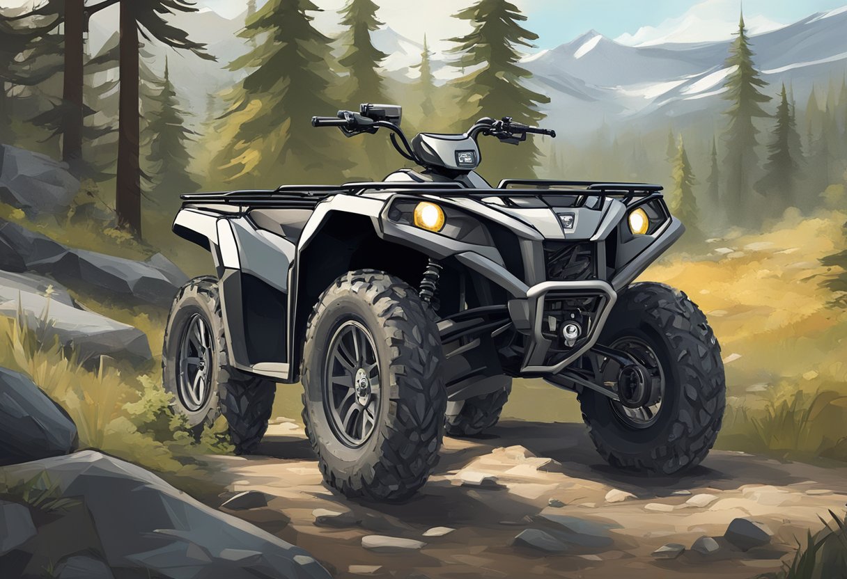 A rugged ATV parked in a remote wilderness, with a GPS tracker mounted on the handlebars. No monthly fees