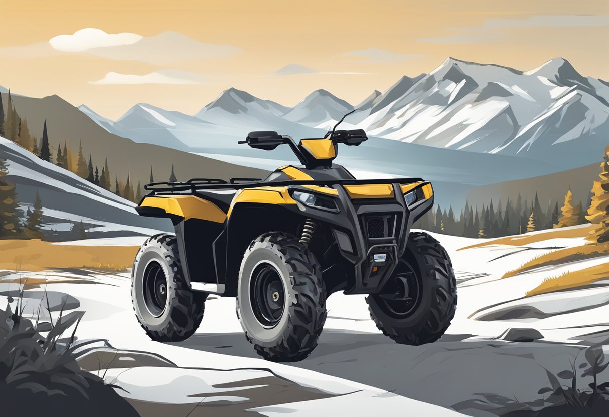 A rugged ATV parked in a remote wilderness, with a GPS tracker attached to the handlebars. The device is compact and sleek, with no visible monthly fee