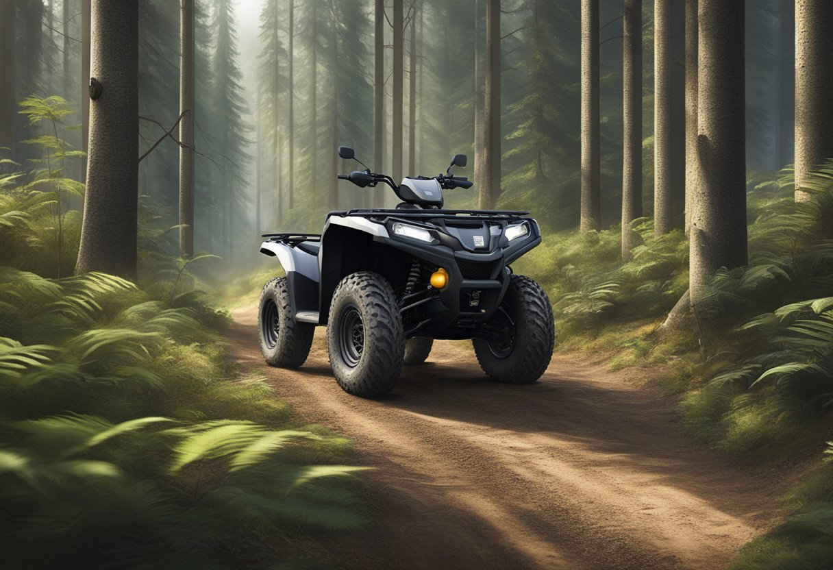 An ATV GPS tracker mounted on a rugged vehicle, navigating through dense forest terrain with satellite signals displayed on the device screen