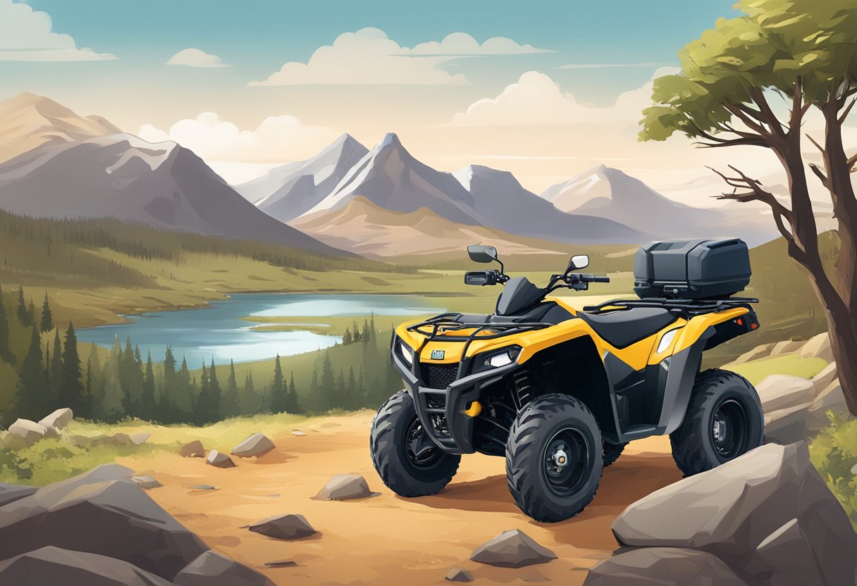 An ATV with a GPS tracker attached, parked in a remote, rugged landscape with no monthly fee