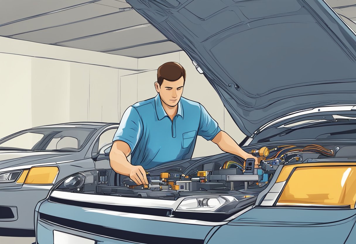 A technician installs and sets up a satellite GPS tracker on a car